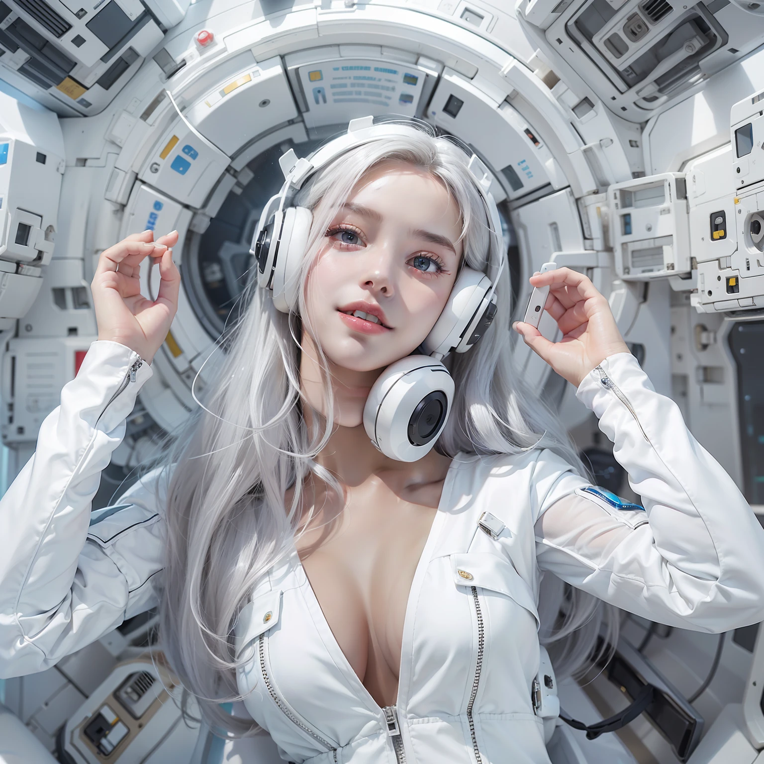 Enchanted woman happy to raise her hand Perfect beauty Beautiful white skin Beautiful eyes Lustrous lips lovely smile Close one eye White hair Wearing a thin spacesuit that sticks to the body Functional head phone Inside the spacecraft