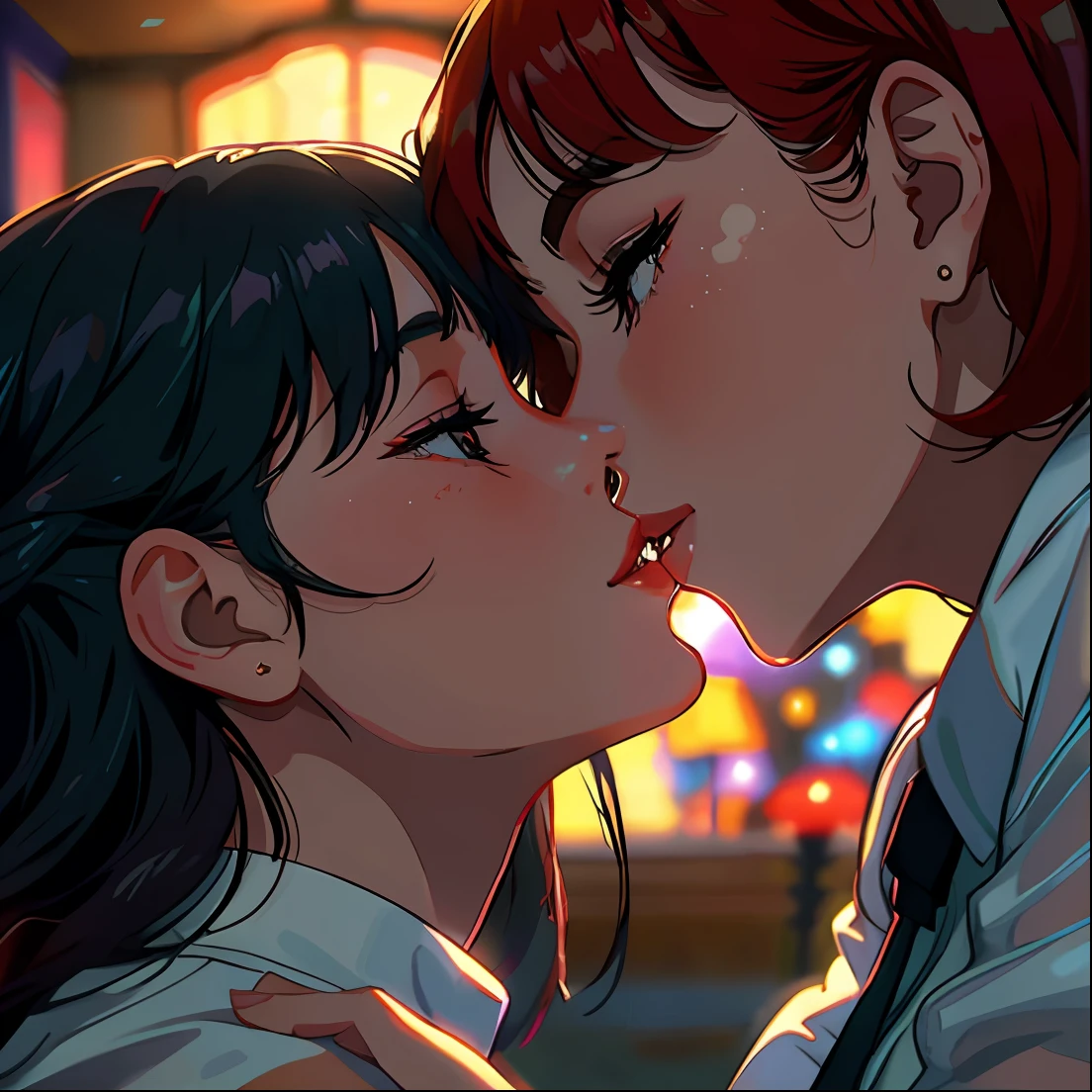 a close up of a woman kissing a woman in a room, netflix, kissing together cutely, kissing, kissing, romantic!!!, high quality film still, kissing together, the kiss, ❤🔥🍄🌪, beautiful, they are in love, hot, kiss, romance, movie, instagram photo, beautiful gorgeous