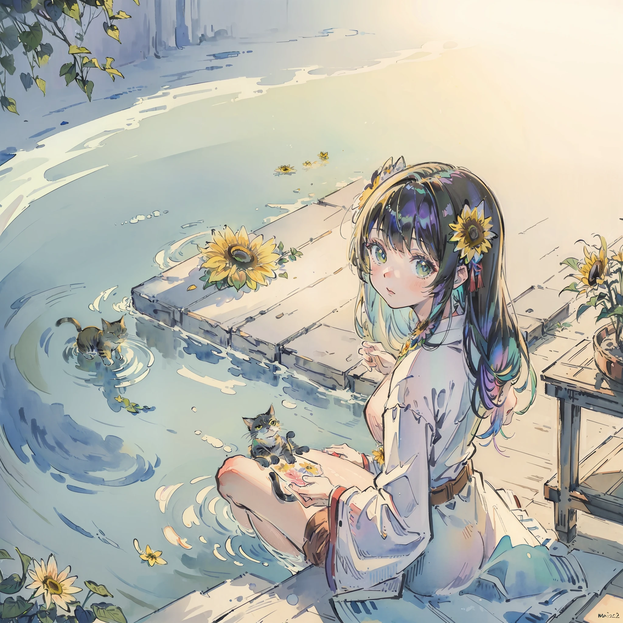 ((Best quality1.2、masutepiece))、(watercolor paiting)、((Take a cute cat))、((Sun flower))、kawaii、((Iridescent hair 1.2))