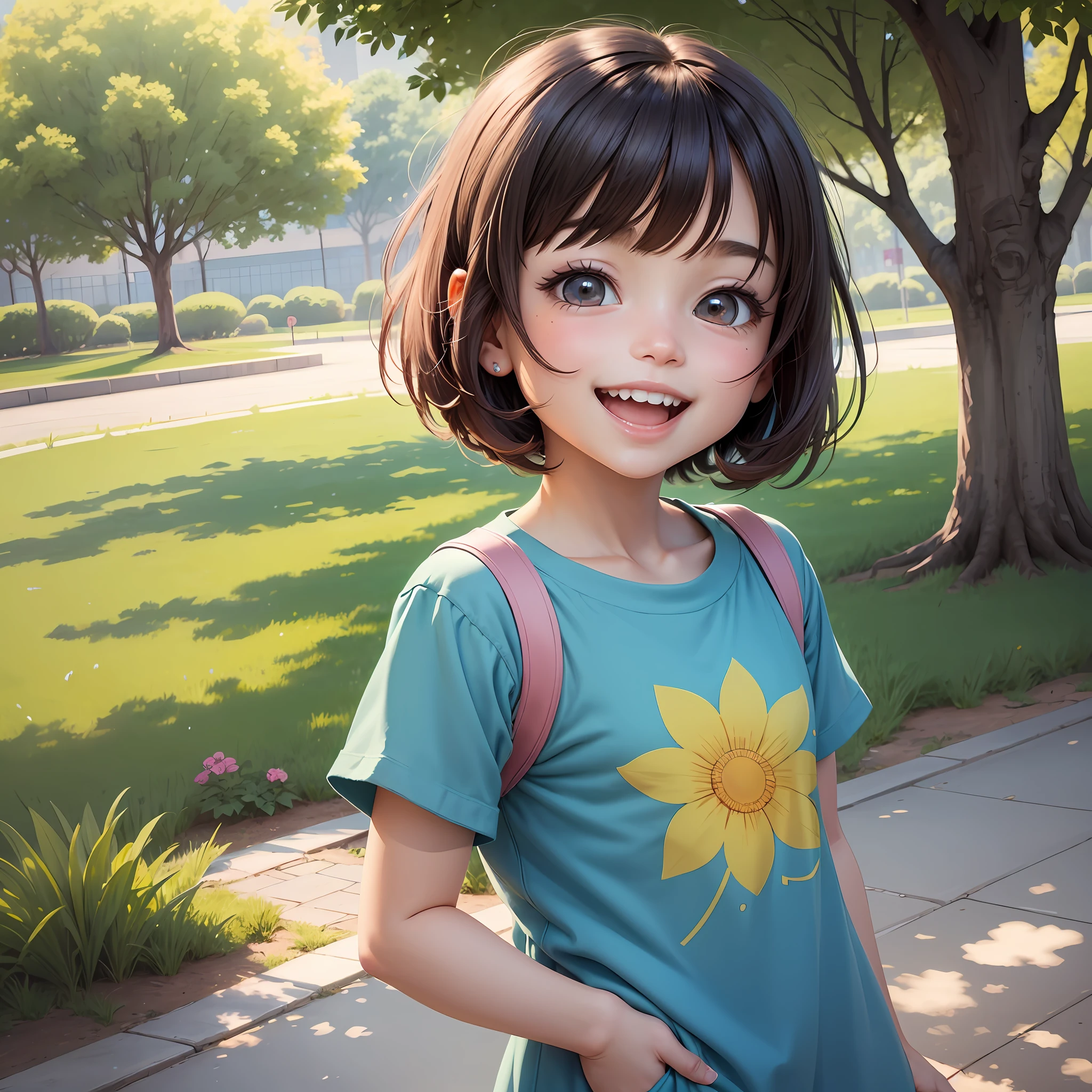 Create a character illustration of a petite woman with a youthful face and a large, adorable smile, who serves as the protagonist with a cheerful and approachable personality. Her appearance includes a short stature, a childlike face, a big mouth, sparkling eyes, a bob haircut, and casual, colorful clothing. The pose is welcoming, with arms wide open and a bright smile, set in an urban park filled with flowers and playing children. Utilize a bright and warm color scheme featuring pinks, yellows, and blues to convey a fun and positive emotion in an anime style, with attention to detail and precision down to the smallest elements, while avoiding non-human structures or physically impossible movements. --auto --s2