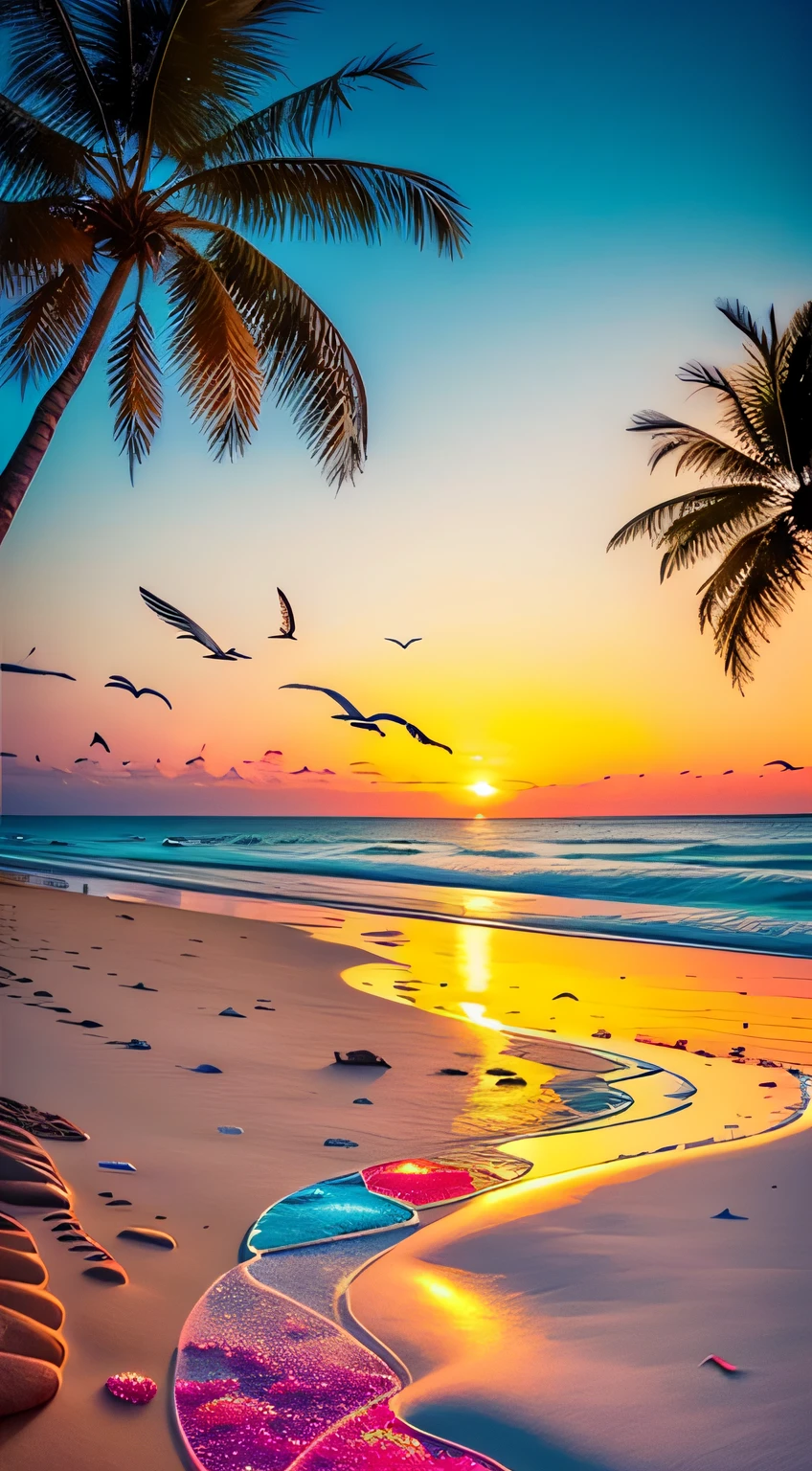 The beach is covered with colorful transparent smooth stones: 1.5, an absolutely mesmerizing sunset on the beach with a mix of orange, pink and yellow in the sky. The water is crystal clear, gently kissing the shore, and the white sand beach stretches as far as the eye can see. The scene is dynamic and breathtaking, with seagulls soaring high in the sky and palm trees gently swaying. Soak up the calming atmosphere and let tranquility envelop you.