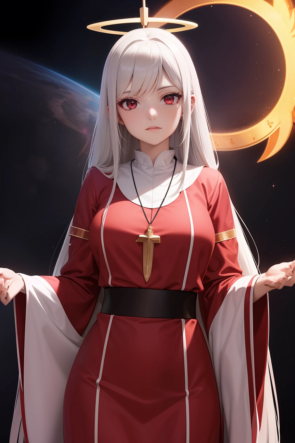 1 beautiful anime spatula priest, red and white priest robe, hight detailed, ray tracing, space background, perfect, ultra high detailed, highly detailed face, saint halo, sexy, attractive, goddes, really long hair, hair accessories, necklace,