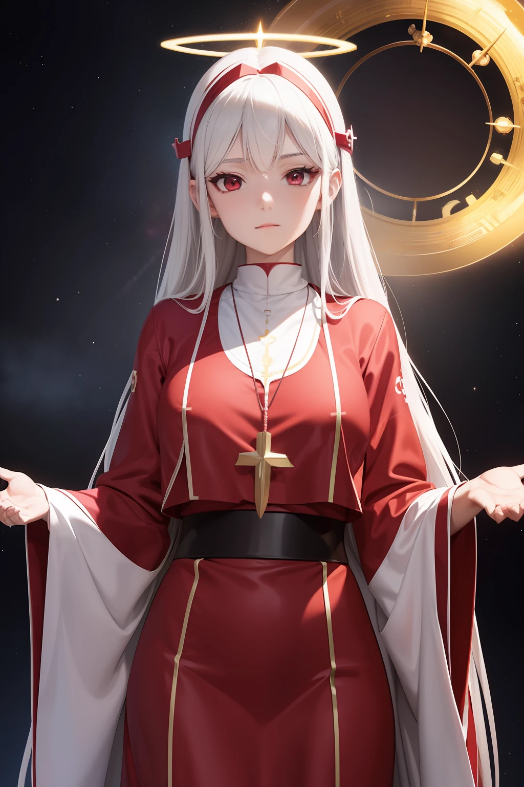 1 beautiful anime spatula priest, red and white priest robe, hight detailed, ray tracing, space background, perfect, ultra high detailed, highly detailed face, saint halo, sexy, attractive, goddes, really long hair, hair accessories, necklace,