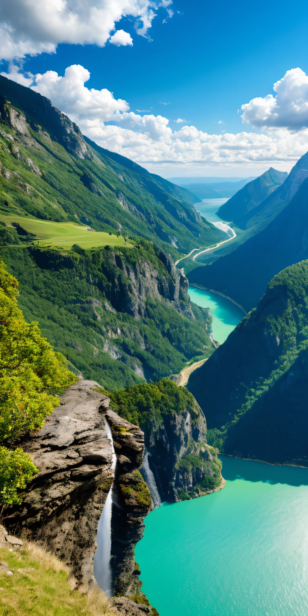 scenery, outdoor, sky, cloud, day, no humans, mountain, panorama, water, tree, blue sky, waterfall, cliff, nature, lake, river, cloudy sky