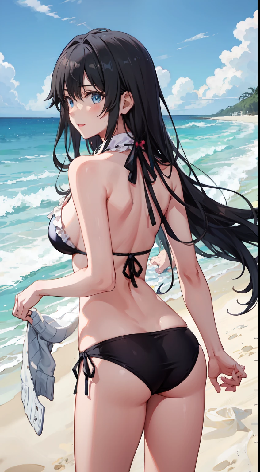 Yukino yukinoshita, long hair, cleavage, navel, slim legs, black hair, blue eyes, white side tie bikini, beach, cardigan, body, happy, from behind