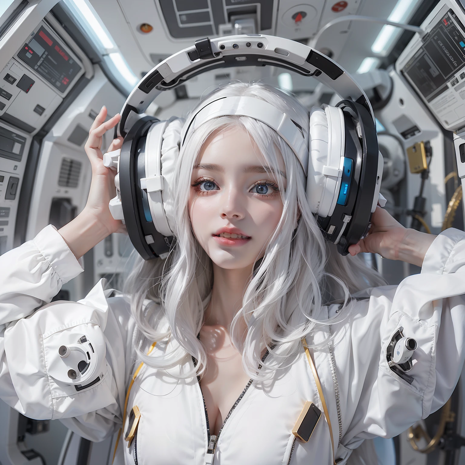 Enchanted woman happy to raise her hand Perfect beauty Beautiful white skin Beautiful eyes Lustrous lips lovely smile wink White hair Wearing a thin white and black spacesuit that sticks to the body Functional head phone A machine that connects to headphones from the ceiling Inside the spacecraft