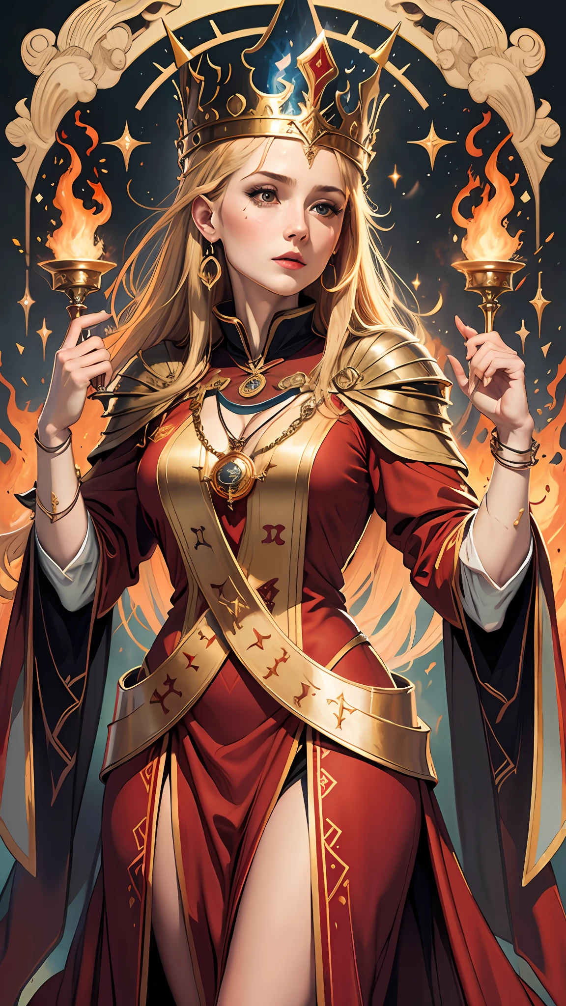 tarot card art，the fire queen，Red dress，high priestess tarot card，elfic priestess，masterpiece1.3，Uniform 4K resolution，ultra-definition，Master details，perfect works，The pinnacle of tarot cards