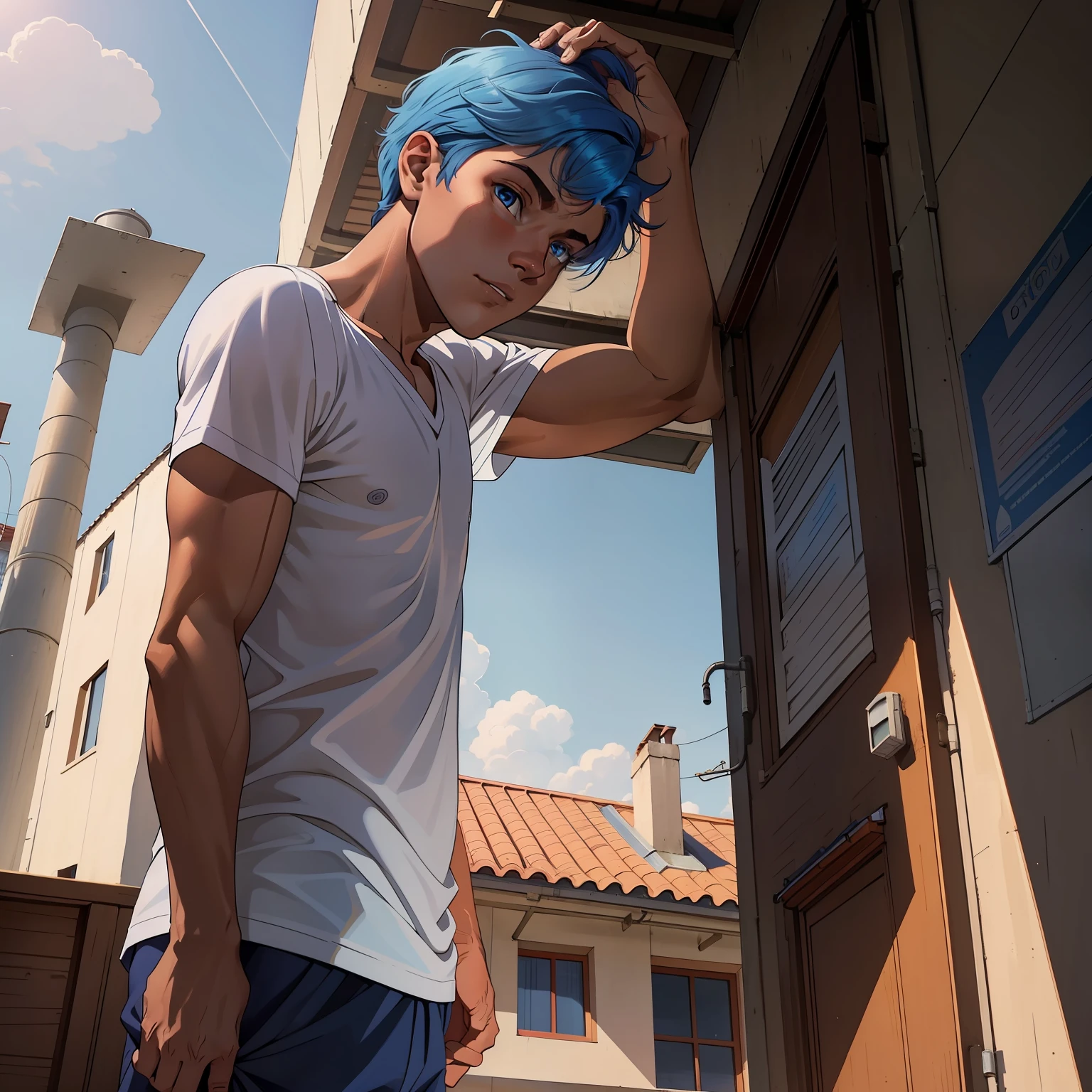 De pie sin camisa en lo alto de la escuela, Looking if the tanned skin of the back shirt is 14 years male copper skin to a nearby city is on the roof of the school has 14 years blue hair blue eyes male gender