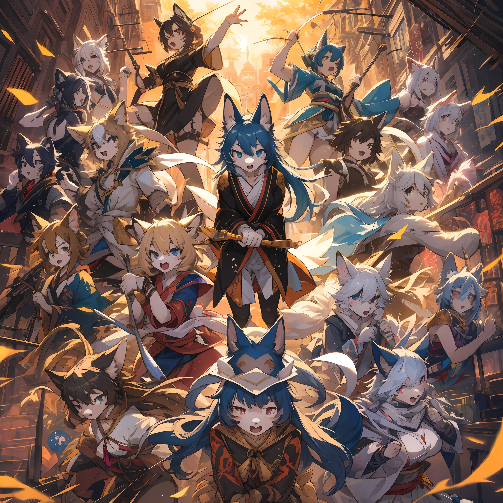 top quality, best quality, High-quality illustrations, masterpiece, super high resolution, detailed background, The Takarazuka Revue, Japanese all-female musical theater group, Broadway, 6+boys, 6+girls, absurdres(highly detailed beautiful face and eyes)perfect anatomy, expression, good lighting, cinematic shadow(kemono, furry anthro)assorted poses(sound effects, motion blur),