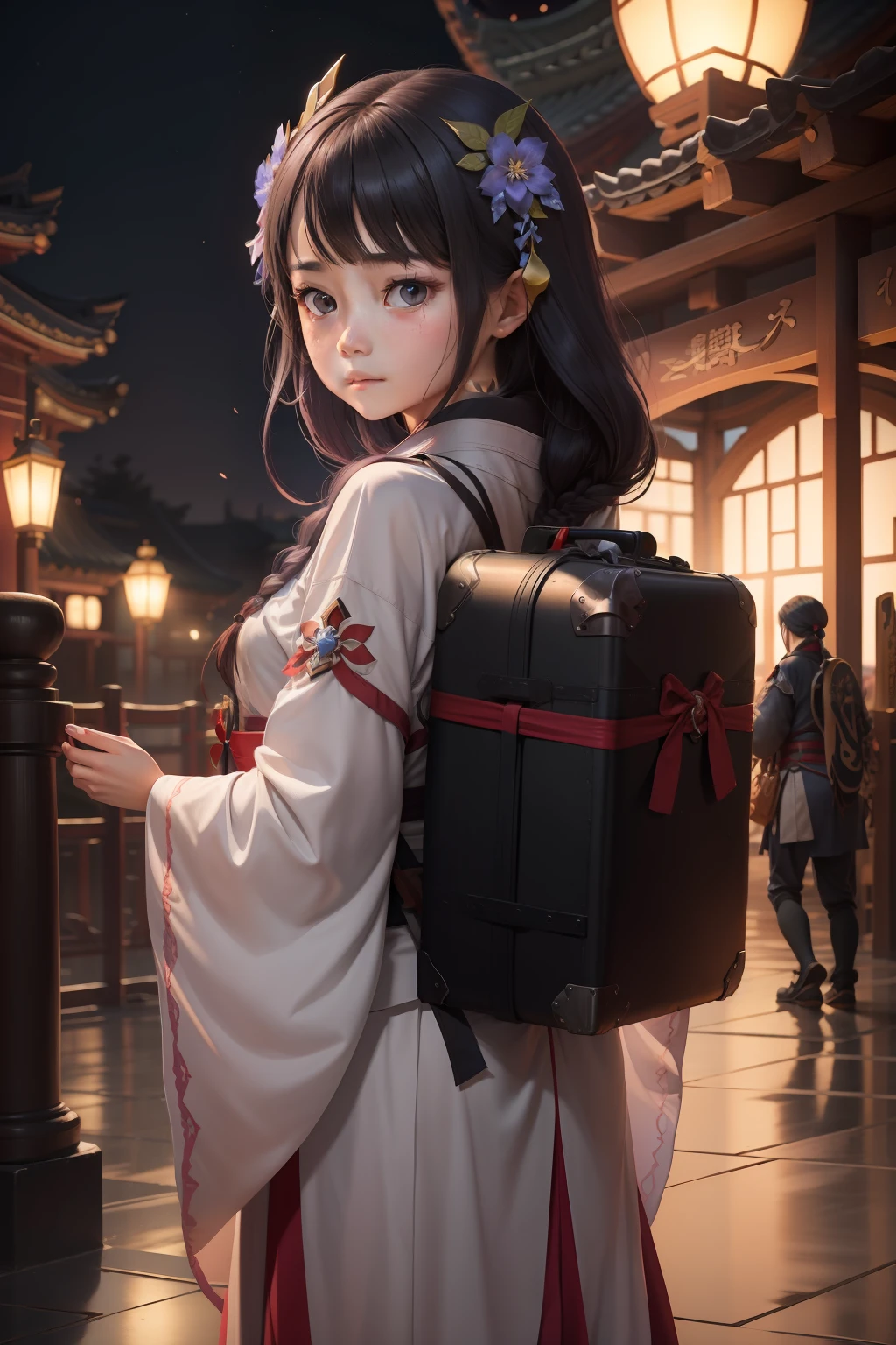 (A -yeld giwith long hair wearing Hanfu 1.4)
(The expression is very collapsed。1.5)
(Walk with baggage on your back at night 1.4)
(At the gate of an ancient great sect。1.5)