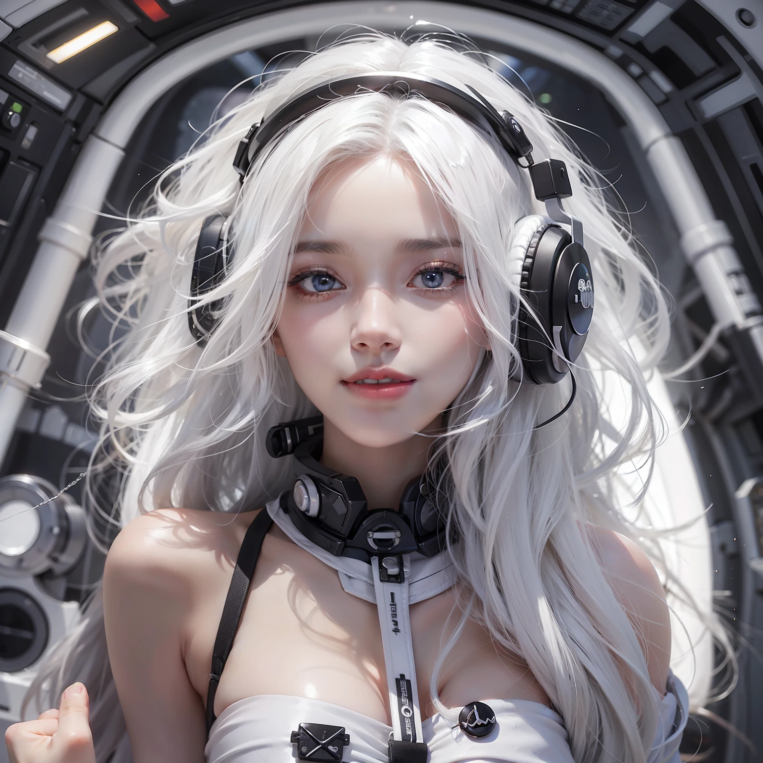 Enchanted woman happy to raise her hand　Perfect beauty　Beautiful white skin　Beautiful eyes　Lustrous lips　lovely smile　wink　White hair　White and black bikini　Functional　head phone　Inside the spacecraft