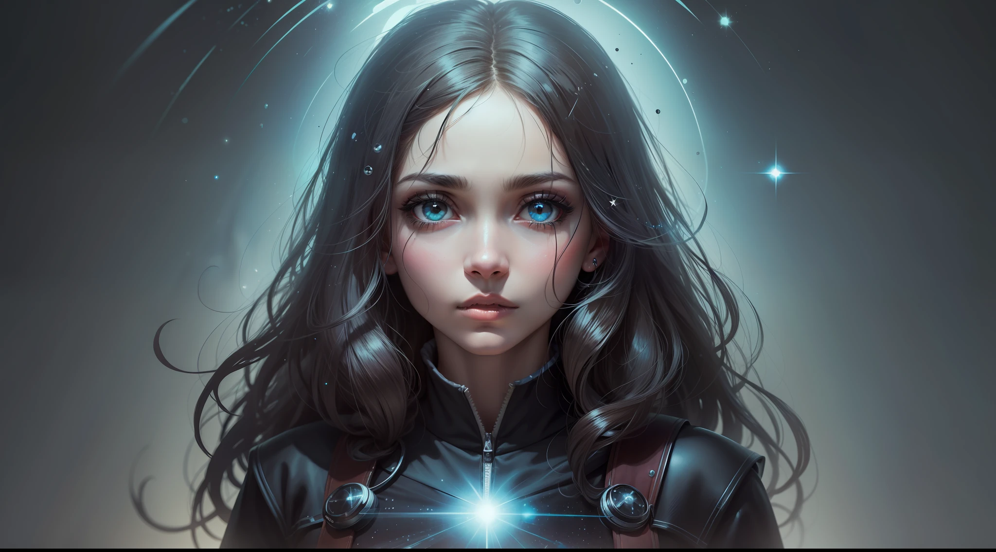 ,gotica ,brilho radioativo, arte abstrata, foco no personagem, olhos com reflexo , ceu estrelado , galaxias
