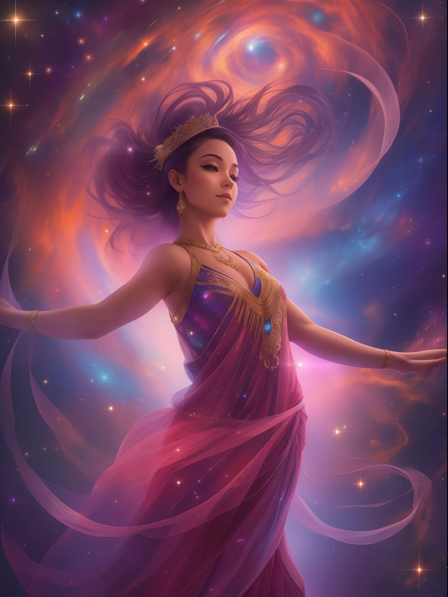 A heartwarming image of a graceful, talented girl dancing gracefully in the heart of the galaxy. The dancer is adorned with intricate jewelry, ornate dress, and intricate, vibrant eye makeup, evoking a sense of romance and mystery. The background features a vibrant, vast galaxy filled with stars and galaxies, with the background filled with colorful, pulsing pulsars. The Milky Way stretches out behind the dancer, creating a dreamlike atmosphere. wide-angle lens, large aperture, low light