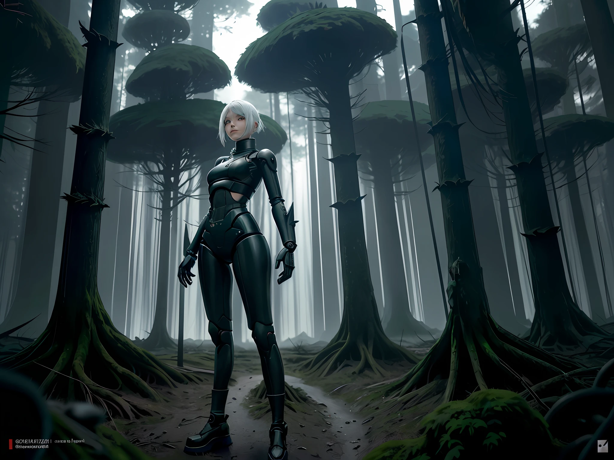 Latex anime girl posing in a dark forest, 2 b, 2b, 2nd B deny automata, 2 b de negar automata, 2b of denying automata, v do diabo pode chorar como um elfo, Artgerm extremamente detalhado, Ciborgue - com cabelo prateado, negar : automata inspired, negar:automata inspired, oppai cyberpunk, corpo todo, pernas torneadas, seminua, seios fartos