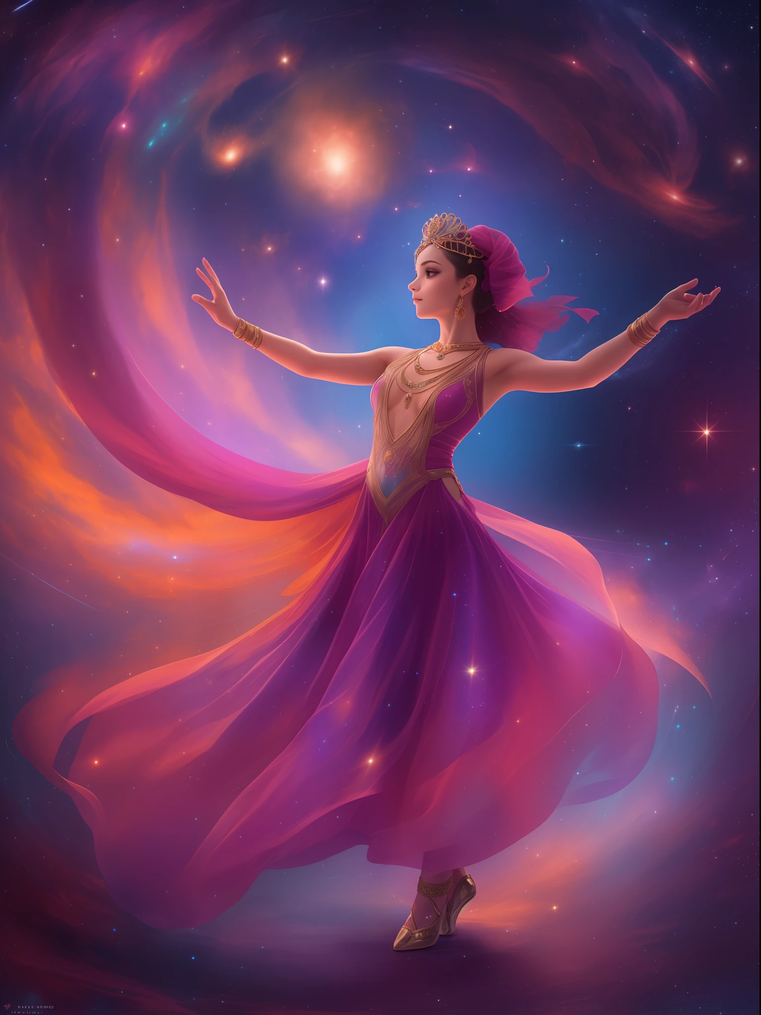 A heartwarming image of a graceful, talented girl dancing gracefully in the heart of the galaxy. The dancer is adorned with intricate jewelry, ornate dress, and intricate, vibrant eye makeup, evoking a sense of romance and mystery. The background features a vibrant, vast galaxy filled with stars and galaxies, with the background filled with colorful, pulsing pulsars. The Milky Way stretches out behind the dancer, creating a dreamlike atmosphere. wide-angle lens, large aperture, low light