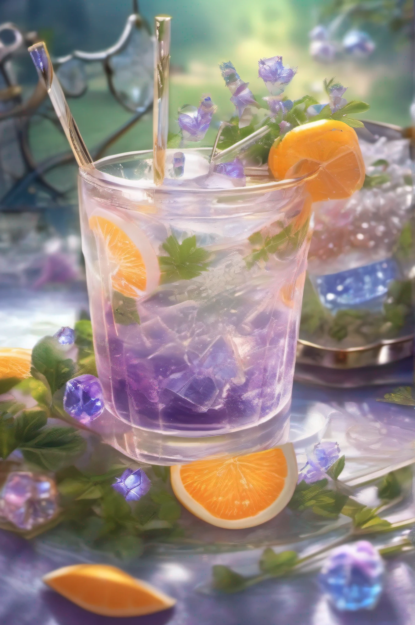 Made from purified water、ice cubes、The orange、Soft drink made from small purple flowers,limpid,Lots of ice,Blue-purple,sparkling,Milky white turns white。pretty cool。There are colored straws and ice cubes,Place on green leaves,85mm,closeup cleavage,natta,On a table,Heavy traffic in the background