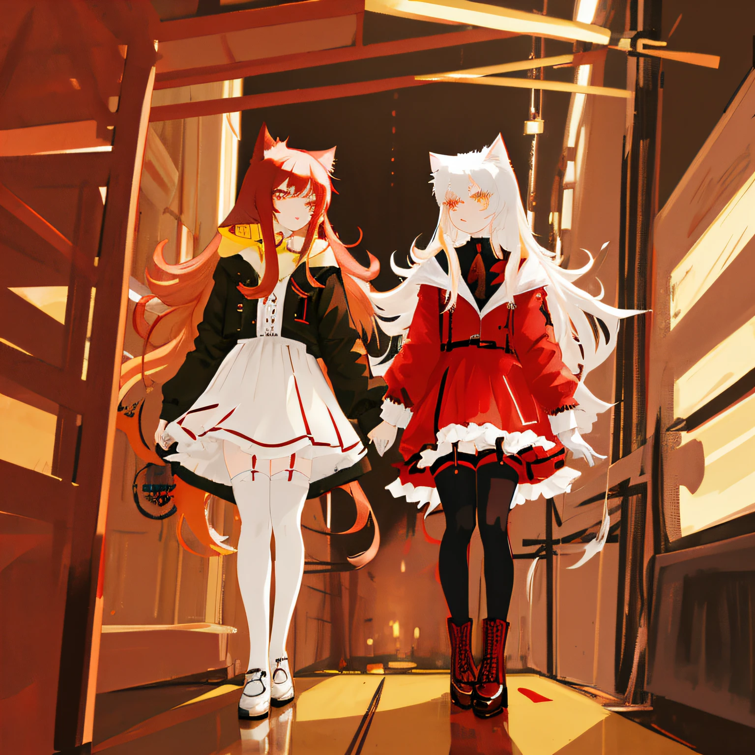 Two-dimensional girl，Long yellow-red hair，Heterochromatic pupil，cat ear，Black and red coat，Lolita prostitute，white stockings，full bodyesbian