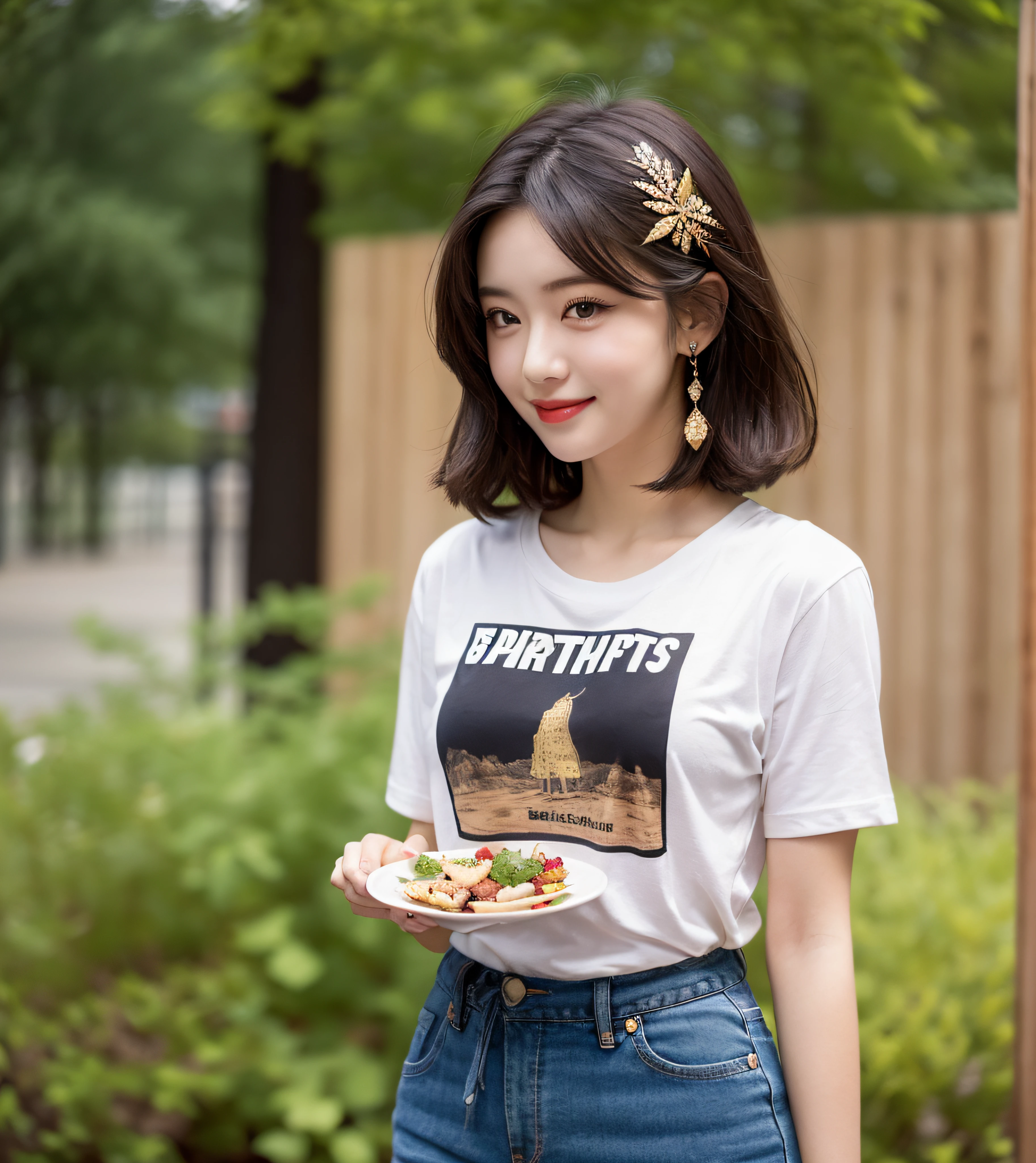 Realistic:1.2), 18yo Girl, (((at beautiful park))), wears a casual t-shirt, ((holding a small snack on a plate)), Perfect chest shape, (Happy expression, Standing: 1.2), hair ornaments, pale skin, looking at the viewer, small waist