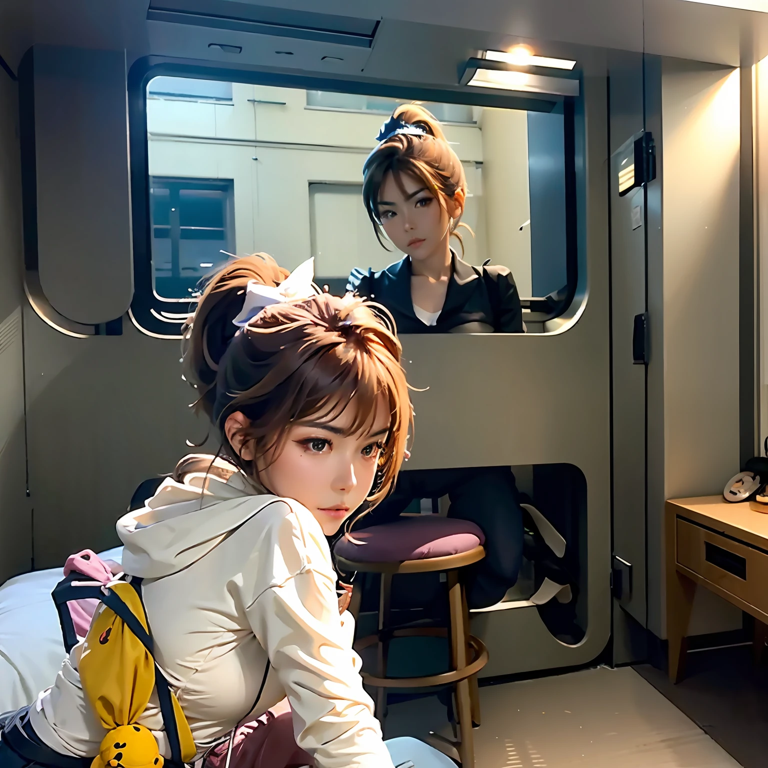 best qualtiy,tmasterpiece,Kizi,Delicate faces,High ponytail,sideface,brunette color hair,Comely,校服