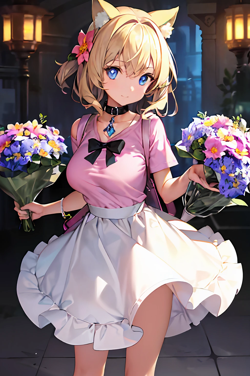 (Best quality), ((Masterpiece)), (A high resolution), Extremely detailed girl, Solo, Sharp focus,((((((Flower shop)))))), ((Cinematic lighting)), (((Character(((1 girl)))))), Solo, (((Beautiful plain pink T-shirt))), Pants, standing, Light smile, Closed mouth, (((((Sharp focus))))), (((((Masterpiece illustration))))), ((((Medium shot)))), Shiny hair, Short hair, Blonde hair, Curly hair, hair between eye, Beautiful detailed eyes, Blue eyes, Jewel-like eyes, Diamond-shaped pupils, ?????????????, Animal ears, Beautiful and delicate gemstone leather collar, Backpack, black sock,