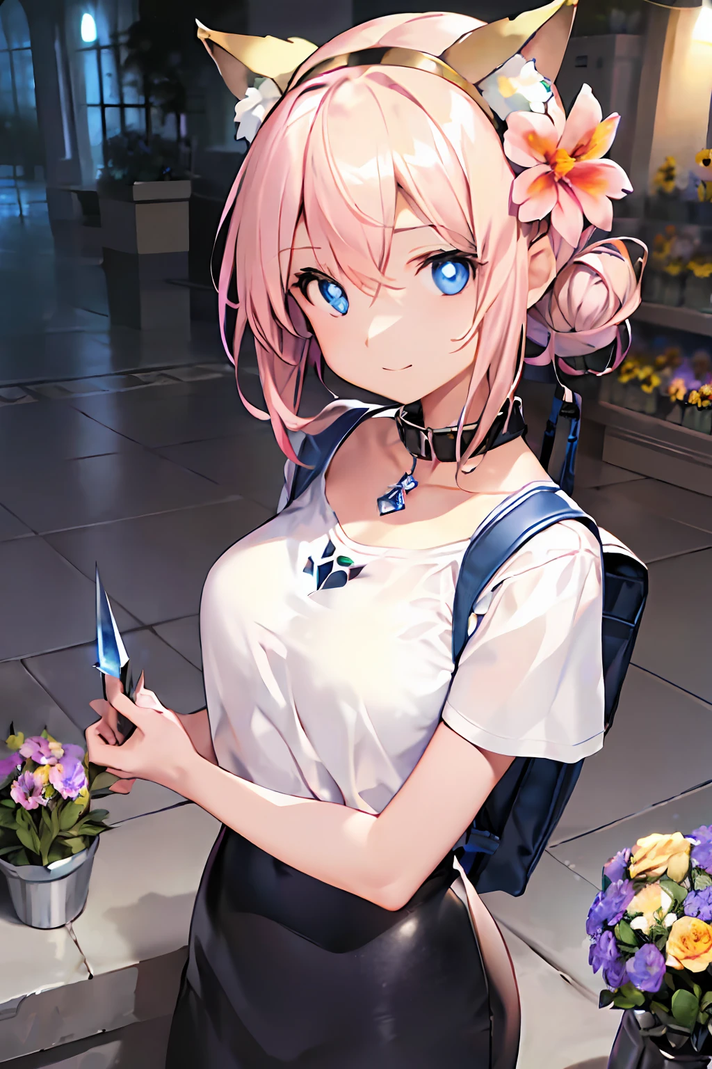 (Best quality), ((Masterpiece)), (A high resolution), Extremely detailed girl, Solo, Sharp focus,((((((Flower shop)))))), ((Cinematic lighting)), (((Character(((1 girl)))))), Solo, (((Beautiful plain pink T-shirt))), Pants, standing, Light smile, Closed mouth, (((((Sharp focus))))), (((((Masterpiece illustration))))), ((((Medium shot)))), Shiny hair, Short hair, Blonde hair, Curly hair, hair between eye, Beautiful detailed eyes, Blue eyes, Jewel-like eyes, Diamond-shaped pupils, Large breasts, Animal ears, Beautiful and delicate gemstone leather collar, Backpack, black sock,