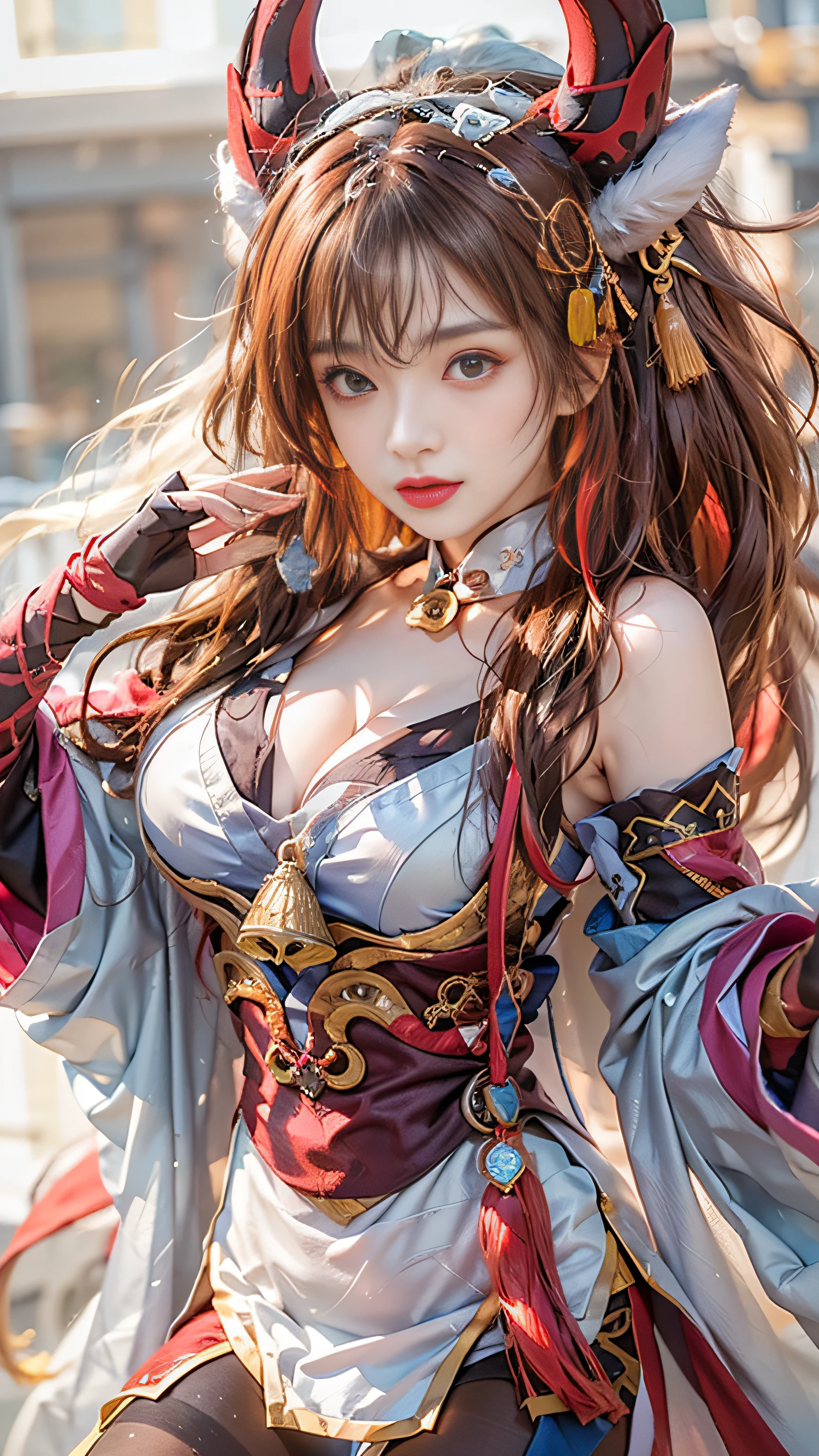 Super beautiful big glowing eyes、Photorealsitic, High resolution, 1 woman, Red Long Hair, Beautiful eyes, normal breast, Ganyu clothes,gloves, Horns, Neck bell, pantyhose, Purple eyes, side locks, tassels, White sleeves,(ganyu \(GenshinImpact\))