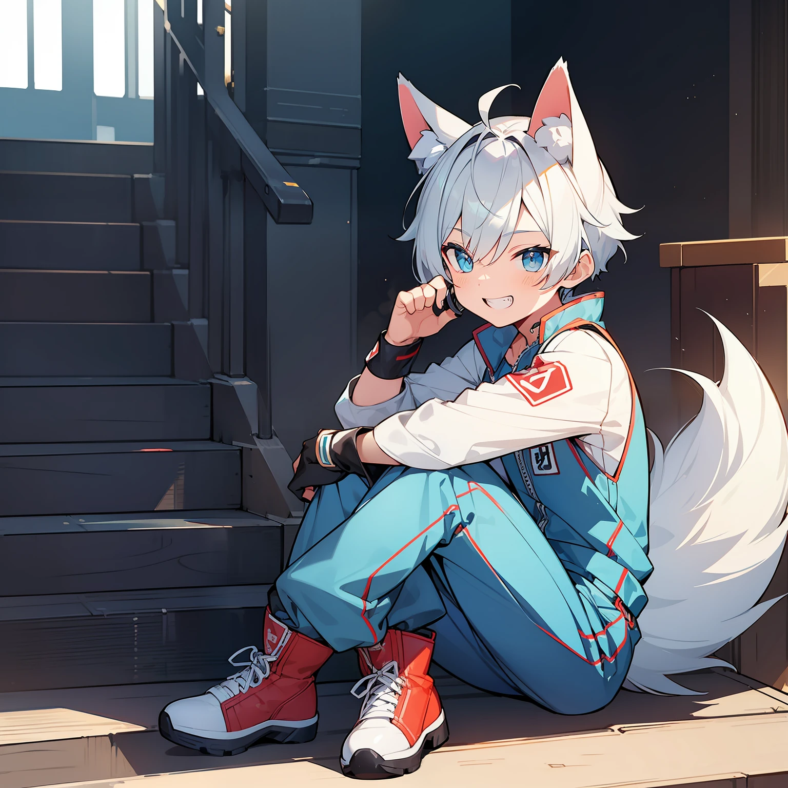 Game CG,((younge boy)),juvenile sense,Anime male protagonist,Wolf ears,Beast tail,Toothy smile,Locomotive goggles,White-blue racing jumpsuit,White half-finger gloves,Racing boots,Racers,Sit on the steps,Full body like