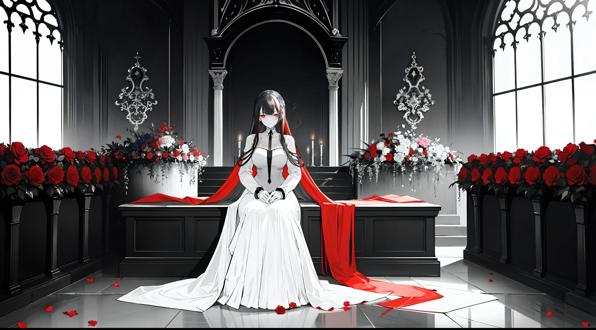 "Monochromatic. Elegant mature woman with black hair sitting in the middle of the altar and on the rock, red roses surround her covering her pale skin. She had died hundreds of years ago, but her body was still intact. (Monochromatic)"