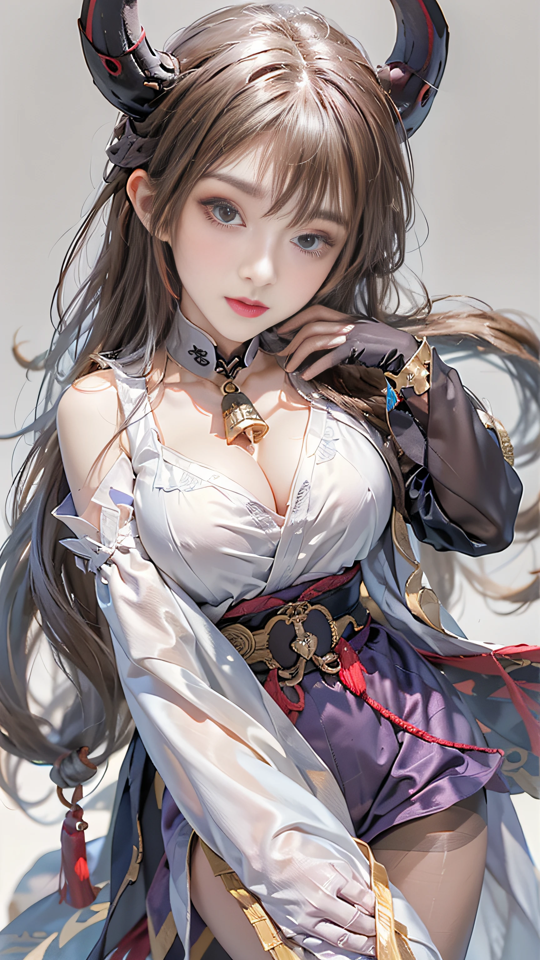 Super beautiful big glowing eyes、Photorealsitic, High resolution, 1 woman, Red Long Hair, Beautiful eyes, normal breast, Ganyu clothes,gloves, Horns, Neck bell, pantyhose, Purple eyes, side locks, tassels, White sleeves,(ganyu \(GenshinImpact\))