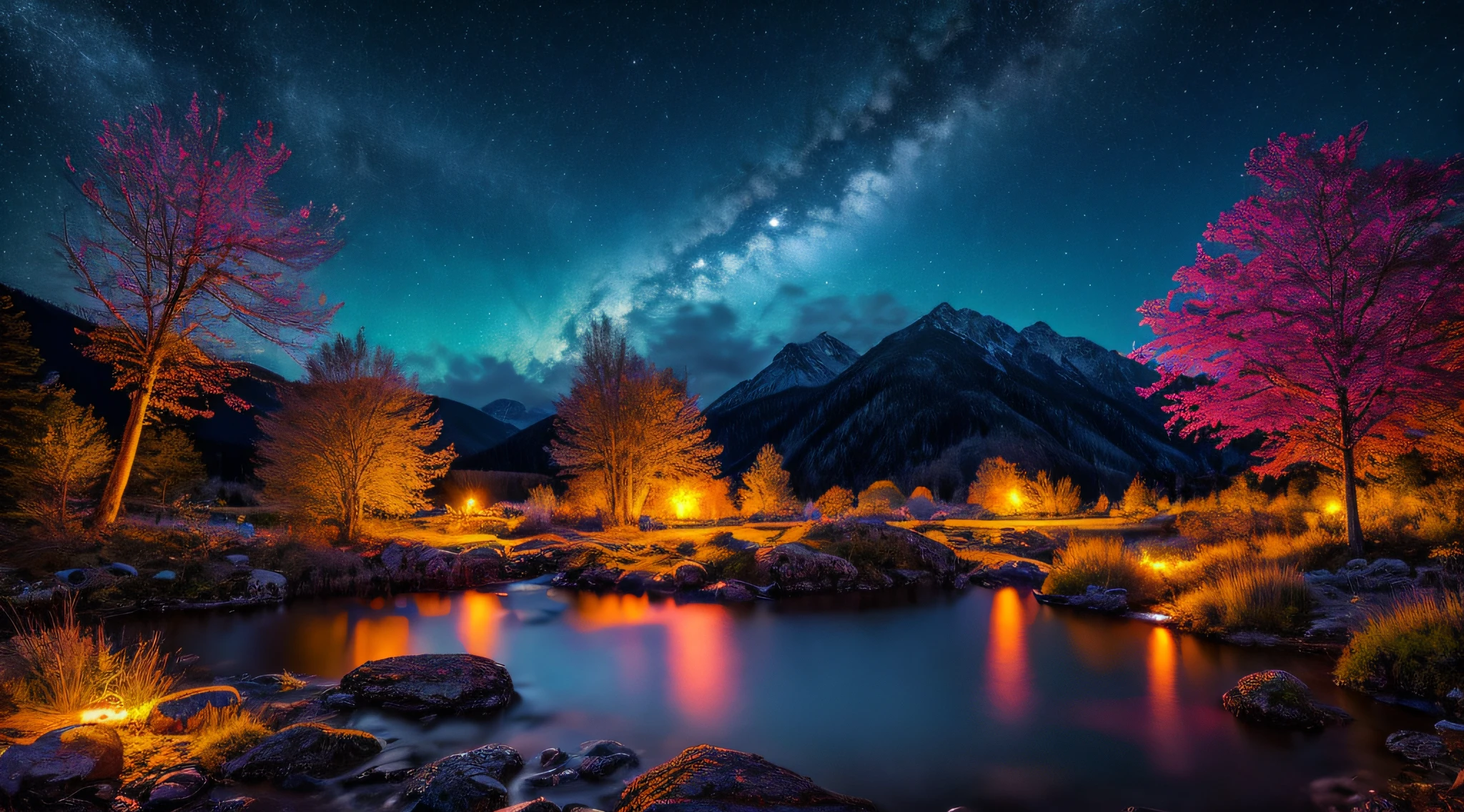best quality, masterpiece, beautiful wild and natural fantasy landscape with glowing lights