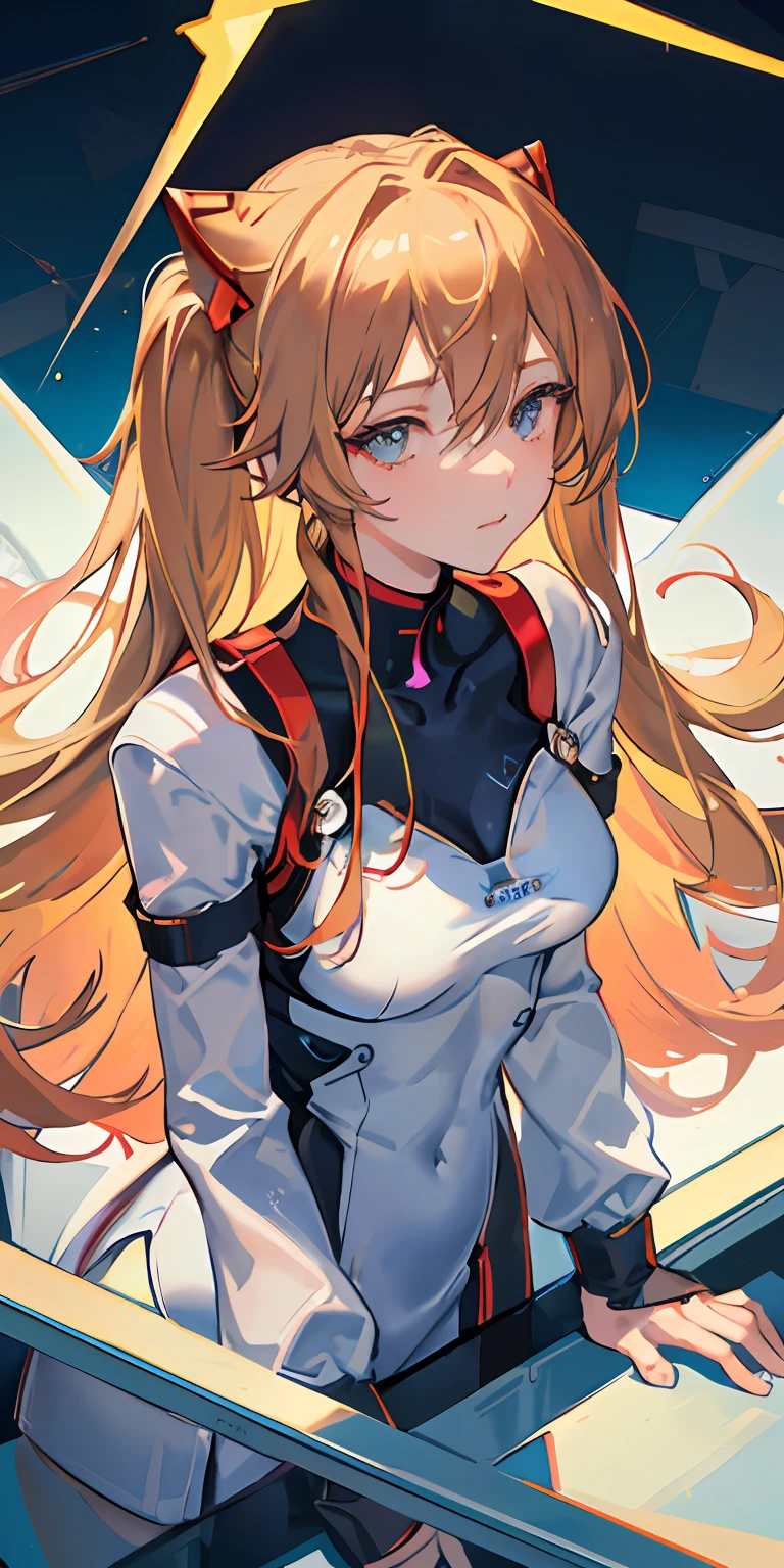 (Overhead view),dynamic angle,ultra-detailed, illustration, close-up, straight on, 1girl, 
 ((souryuu asuka langley, interface headset, red bodysuit:1.4, blonde)),Her eyes shone like dreamy stars,(glowing eyes:1.233),(beautiful and detailed eyes:1.1),(expressionless,closed mouth),(standing), 
(mechanic room with toolsand spaceship windowin a white SPACESHIP),
(night:1.2),dreamy, [[delicate fingers and hands:0.55]::0.85],(detail fingers),