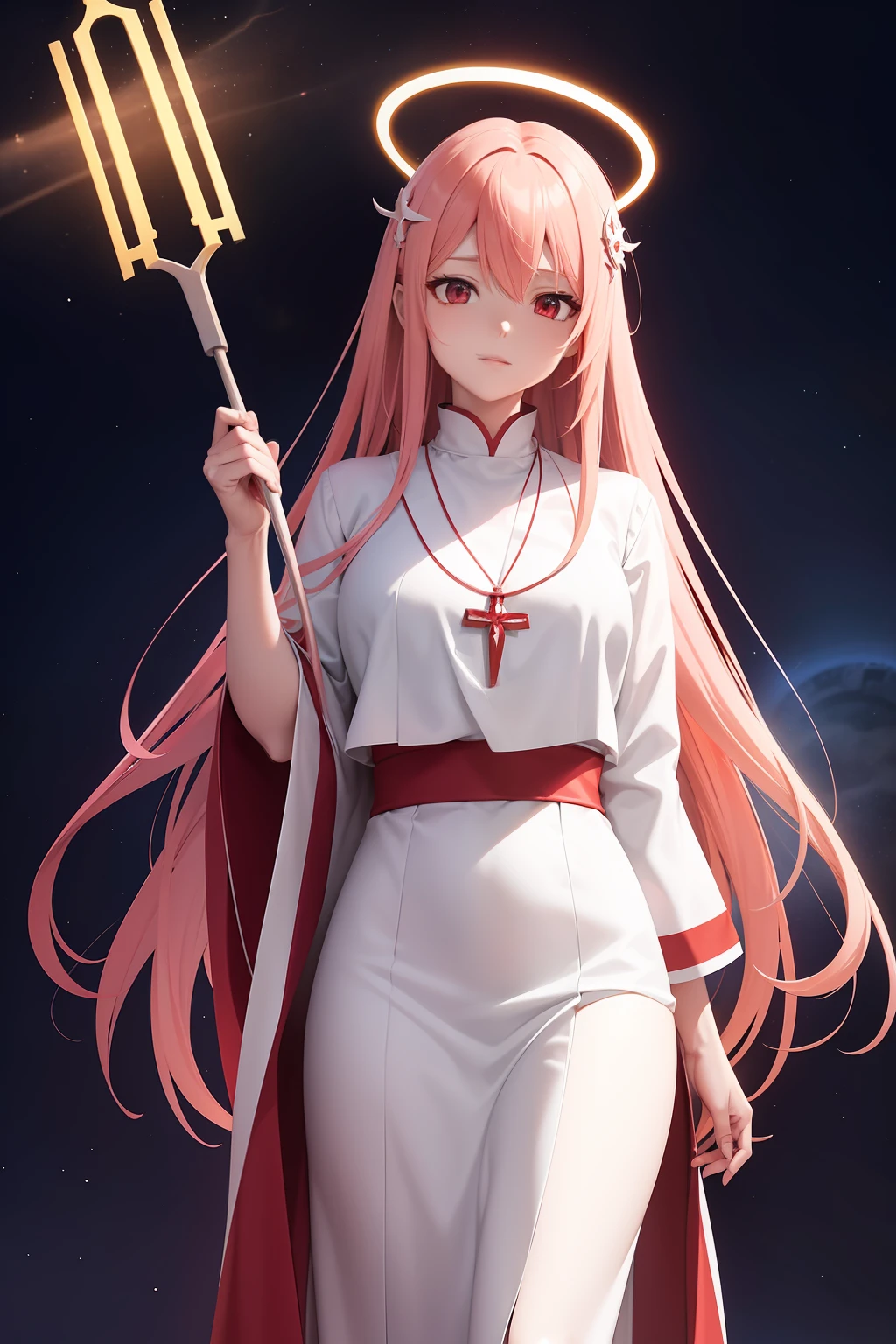 1 beautiful anime spatula priest, red and white priest robe, hight detailed, ray tracing, space background, perfect, ultra high detailed, highly detailed face, saint halo, sexy, attractive, goddes, really long hair, hair accessories, necklace,