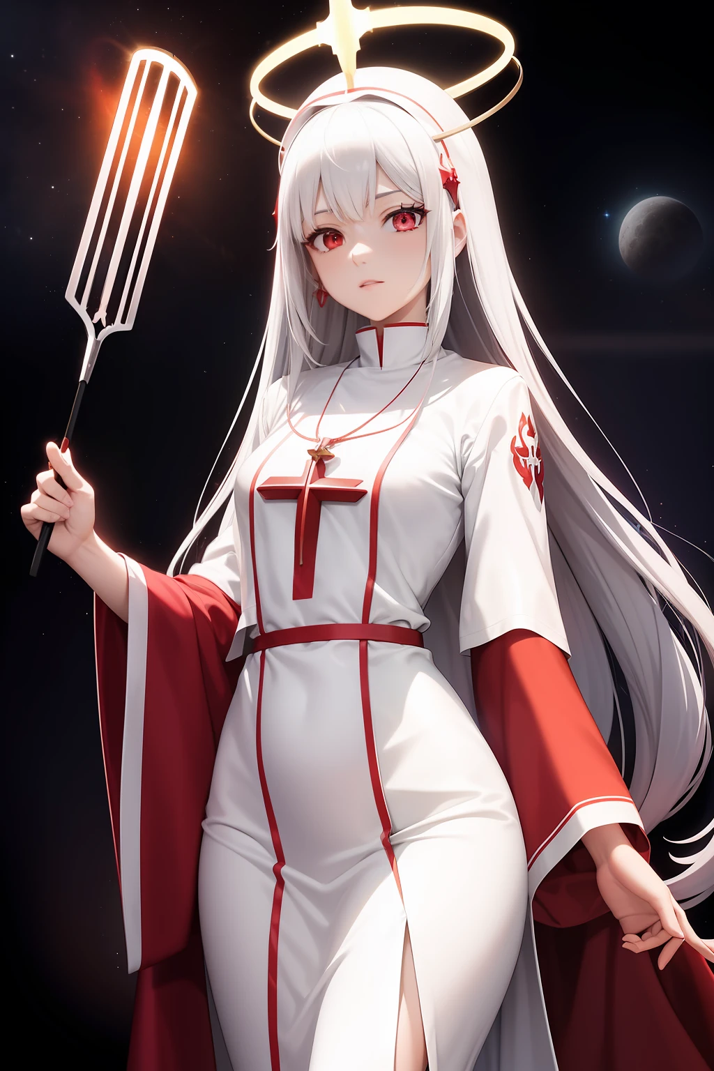 1 beautiful anime spatula priest, red and white priest robe, hight detailed, ray tracing, space background, perfect, ultra high detailed, highly detailed face, saint halo, sexy, attractive, goddes, really long hair, hair accessories, necklace,