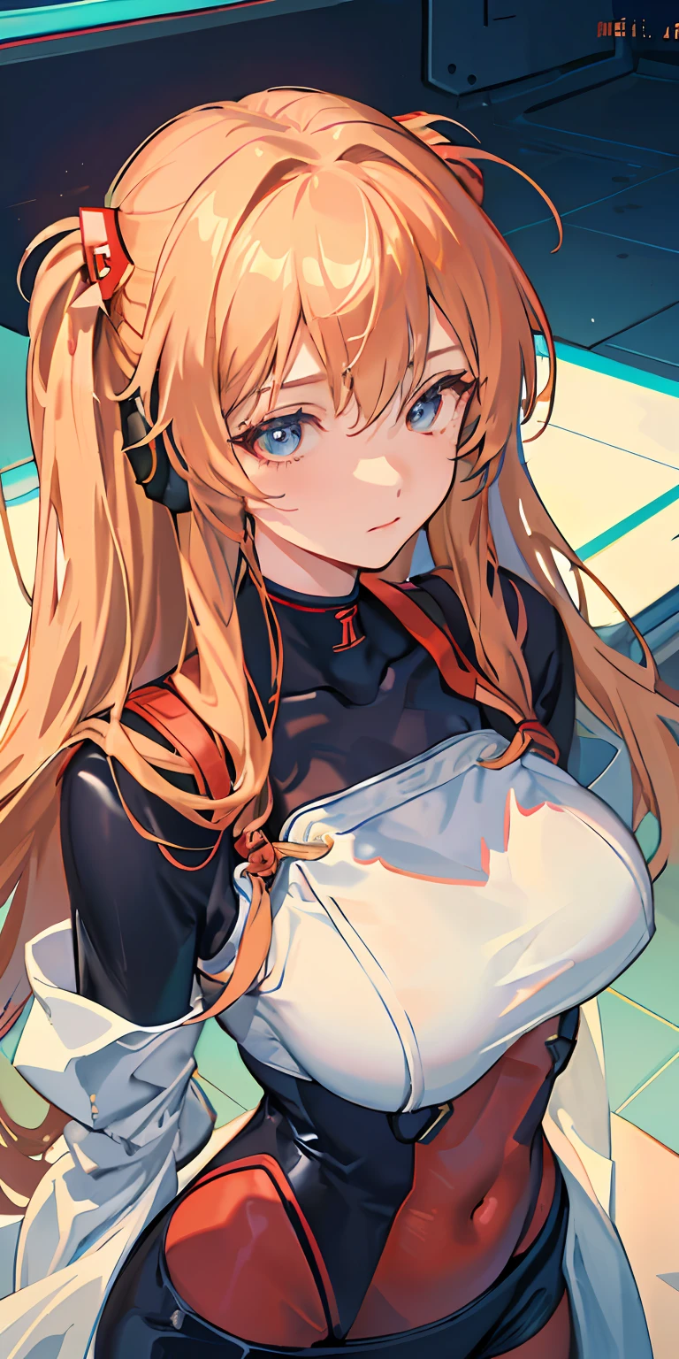 (Overhead view),dynamic angle,ultra-detailed, illustration, close-up, straight on, 1girl, 
 ((souryuu asuka langley, interface headset, red bodysuit:1.4, blonde)),Her eyes shone like dreamy stars,(glowing eyes:1.233),(beautiful and detailed eyes:1.1),(expressionless,closed mouth),(standing), 
(mechanic room with toolsand spaceship windowin a white SPACESHIP),
(night:1.2),dreamy, [[delicate fingers and hands:0.55]::0.85],(detail fingers),