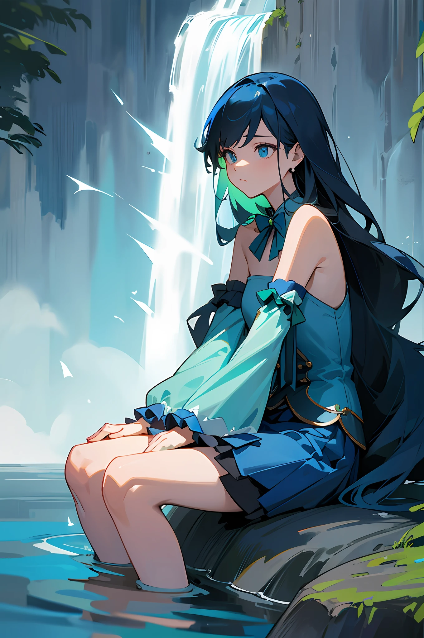 BLUE SKIRT, BLUE SHIRT, BARE SHOULDERS, green bow, detached sleeves, hair rings, waterfall background with vivid rainbow in mist, sitting sideways on rock in water, very long hair blowing in wind, ,sharp_eyes, soft skin, vivid colors, high quality, realistic, masterpiece --auto