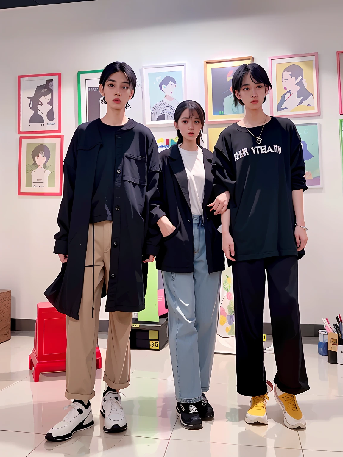 Three people stood in one room，Pictures on the walls, black oversized clothes, casual clothing style, 2 0 2 0 fashion, dressed with long fluent clothes, each wearing correct era clothes, wearing black modern clothes, wearing japanese techwear, wearing correct era clothes, Cai Xukun, style of junji ito, casual modern clothing, 155 cm tall, japanese streetwear