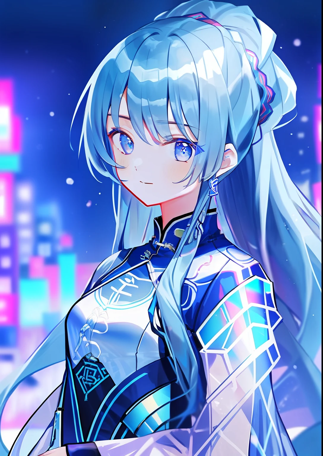 Best quality, Masterpiece, 超高分辨率, 1girll, Blue hair, Cyberpunk, holograph, Transparent, City, toplight, view the viewer, Very long hair, Portrait,