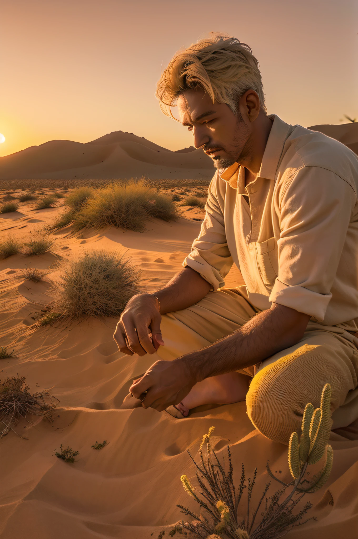 Homem semeando em um campo deserto, fim de tarde, sol baixo, pastel hues, com o broto de uma planta apenas surgindo, raio solar divino iluminando a cena.