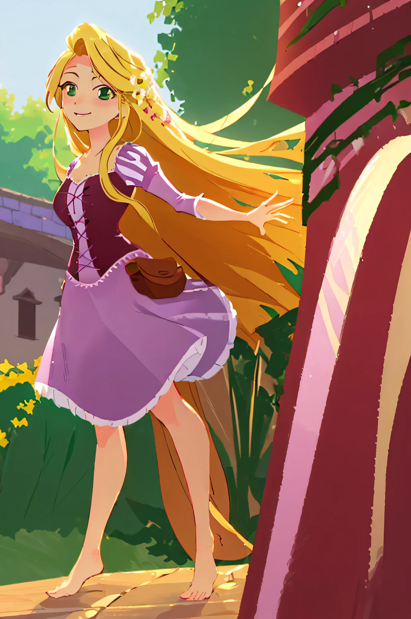 (masterpiece, best quality, high resolution:1.4), rapunzel, green eyes, (loose hair:1.2), looking at viewer, purple princess dress, barefoot,  smile, outdoors,