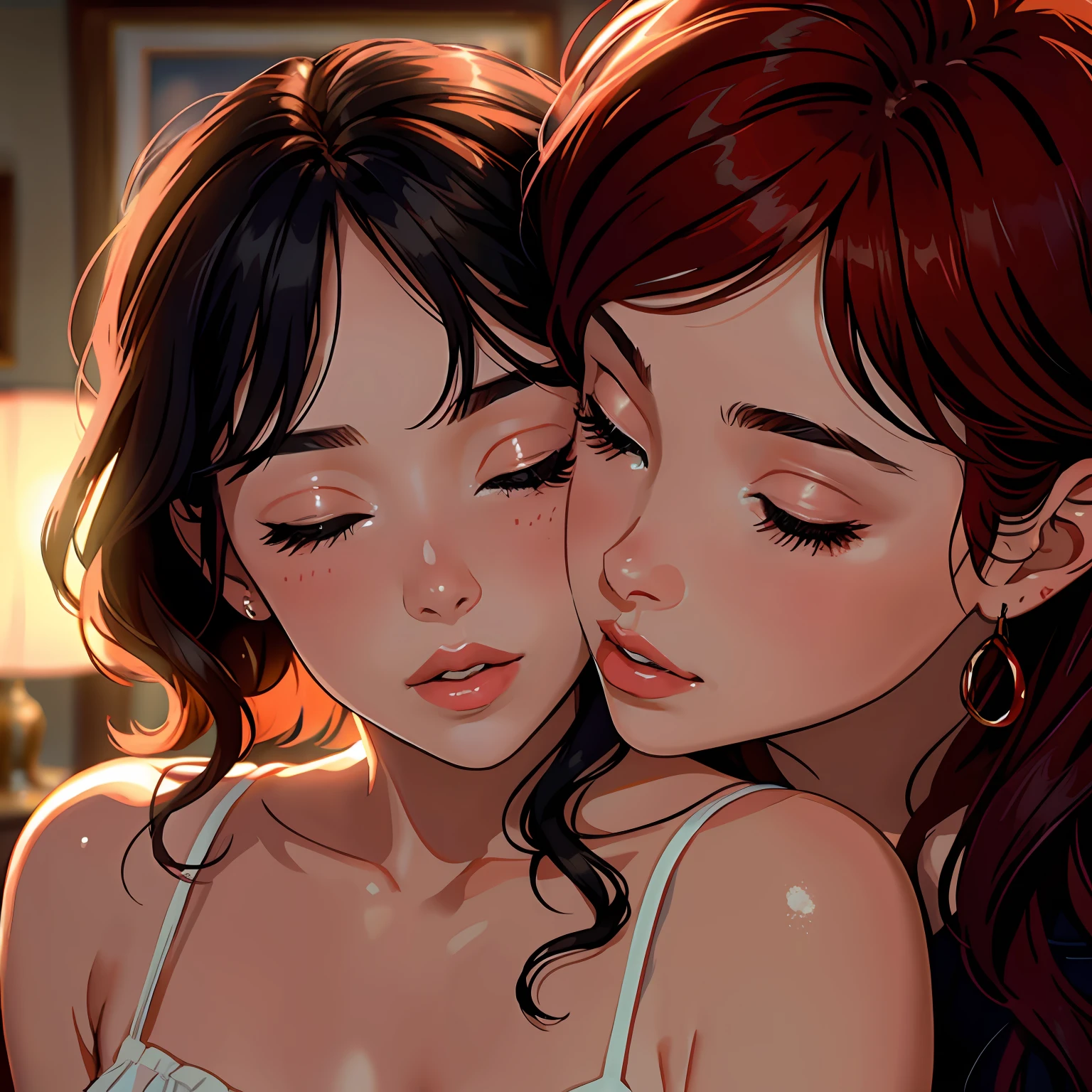 a close up of a woman kissing a woman in a room, netflix, kissing together cutely, kissing, kissing, romantic!!!, high quality film still, kissing together, the kiss, ❤🔥🍄🌪, beautiful, they are in love, hot, kiss, romance, movie, instagram photo, beautiful gorgeous