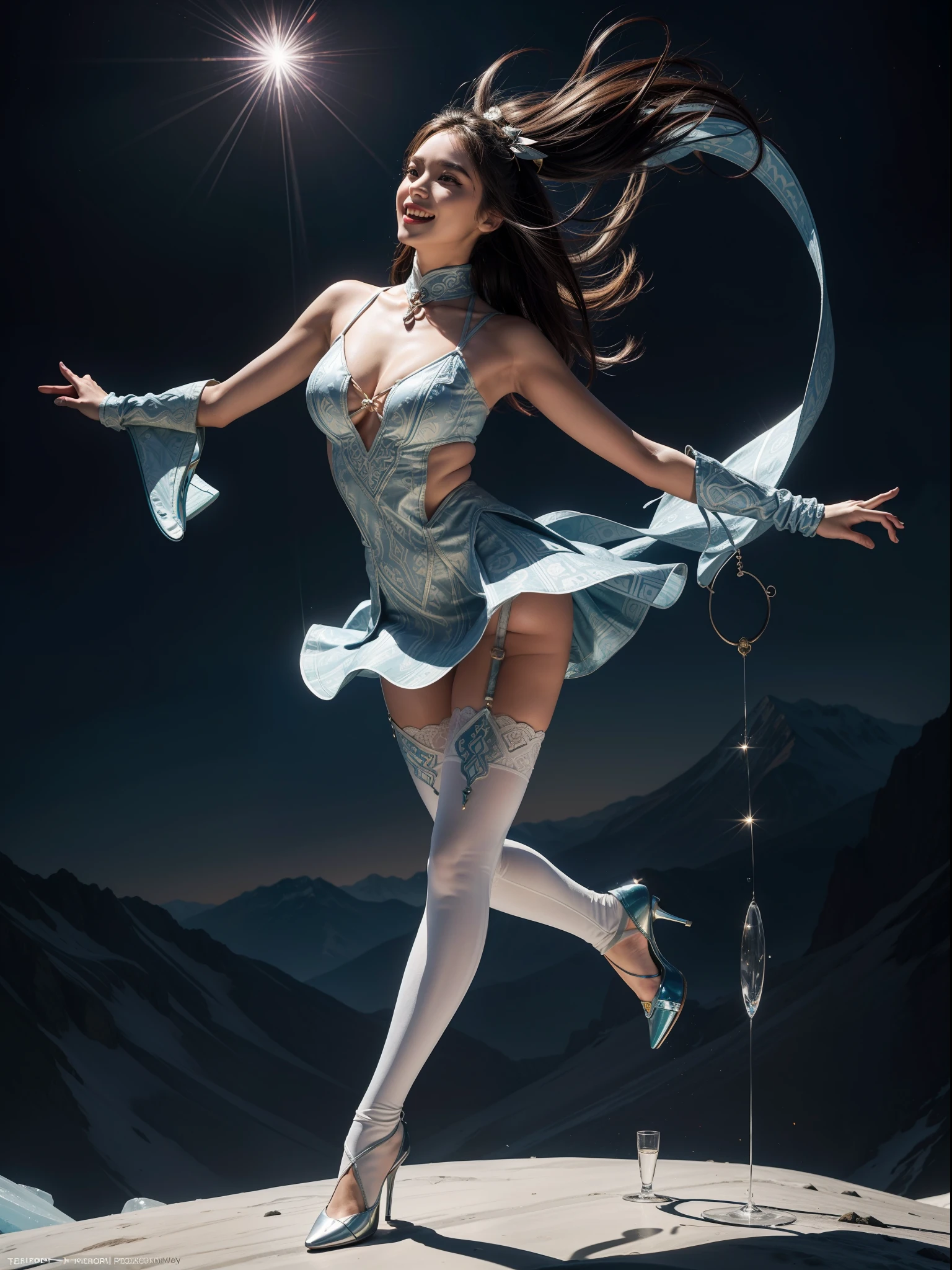 Splitting characters is prohibited,(Full body shot:1.3), Must show your face, anatomy correct, Dance on a mountaintop glacier,The breath of nature,Polished pointed-toe heels must be worn,Patterned stockings are mandatory, Keep your feet off the ground,Colorful fantasy world female demon armor, A shallow laugh, Complex and diverse backgrounds,Strangling effect,hyper HD, Ray traching, structurally correct, Award-Awarded, high detal, lightand shade contrast, Face lighting,cinmatic lighting, tmasterpiece, super detailing, high high quality, high detal, best qualityer, 16