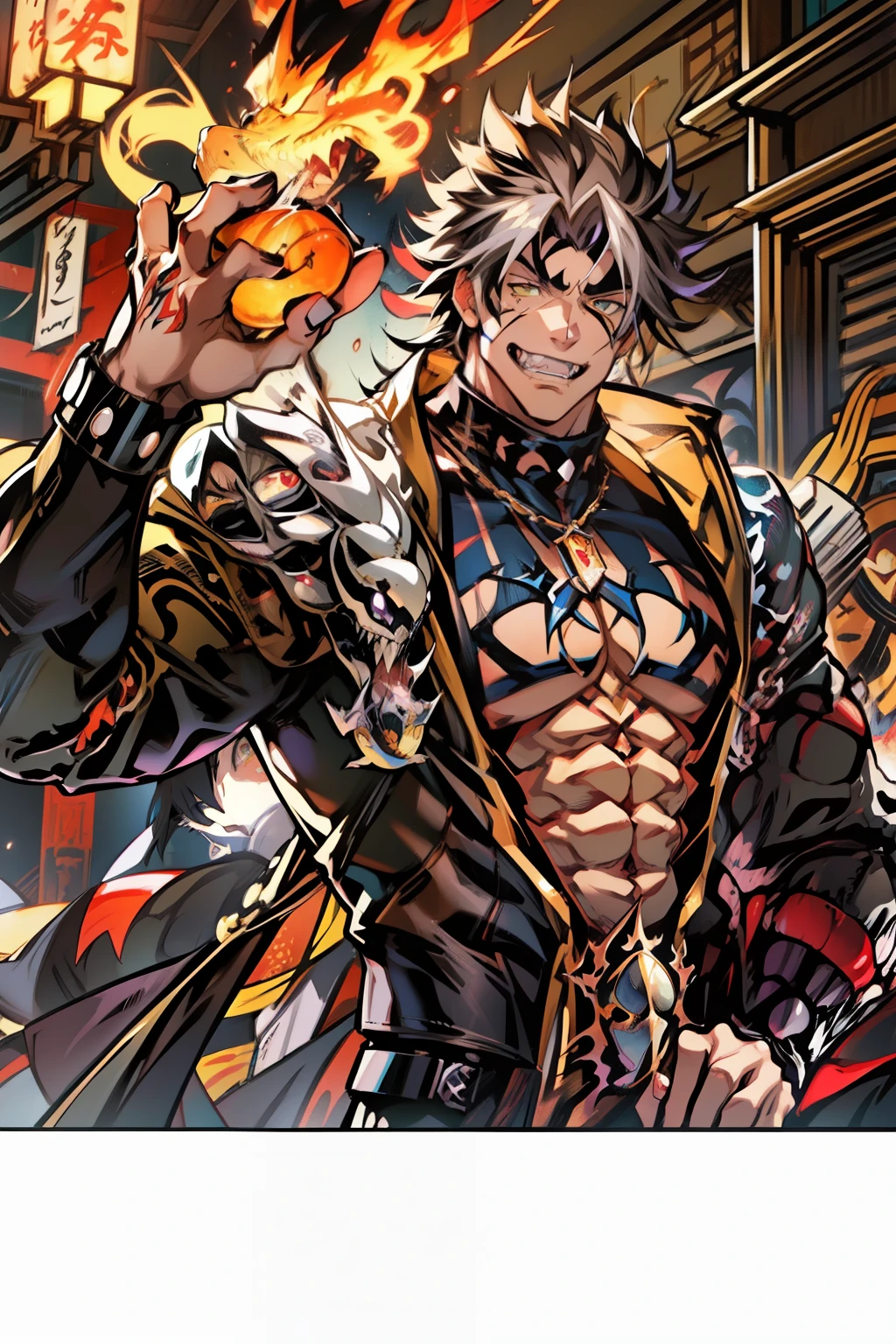 《the original god》Arataki Kazuto , male people，，((Masterpiece)), ((Best quality)), Ultra detailed,((illustration)), Dynamic Angle, Detailed light, (Delicate eyes), Floating, 1boy, Male focus, Head, Clothing, Yellow eyes, necklace, tattoo, (Forehead:0.8), (ahoge:0.8), jewelry, apathy，Ray， chest muscle， Sexy , Venom symbiote for your body, Black mucus of the body , （into venom）, Venom，frontage，style of anime4 K， 4K anime wallpaper， Badass anime 8 K， 4 k comic wallpaper， young anime man， Anime boys， Anime wallpapers 4 k， Anime wallpaper 4K， High quality anime art style， Anime moe art style， Anime art wallpaper 8 K， Anime art wallpaper 4 K， RGB lighting