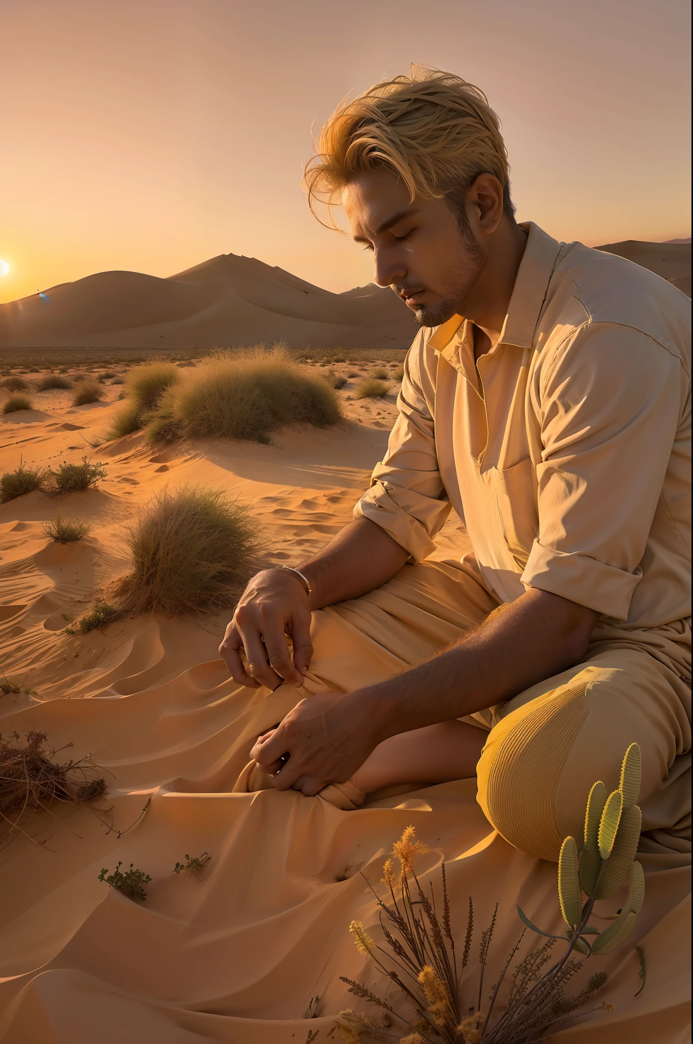 Homem semeando em um campo deserto, fim de tarde, sol baixo, pastel hues, com o broto de uma planta apenas surgindo, raio solar divino iluminando a cena.
