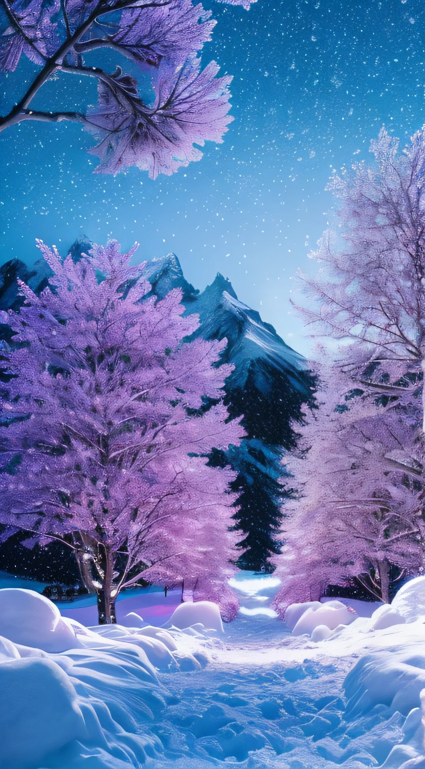 Crystal Spring blooms、
fanciful、Starskrim、cleanness、Yuki、Powder snow、Snow piles up、cold snowy、
glimmering、Shines、magnifica、extremely colorful、
magical photography, dramatic  lighting, Foto realism, The ultra-detailliert, 4K, depth of fields, A high resolution