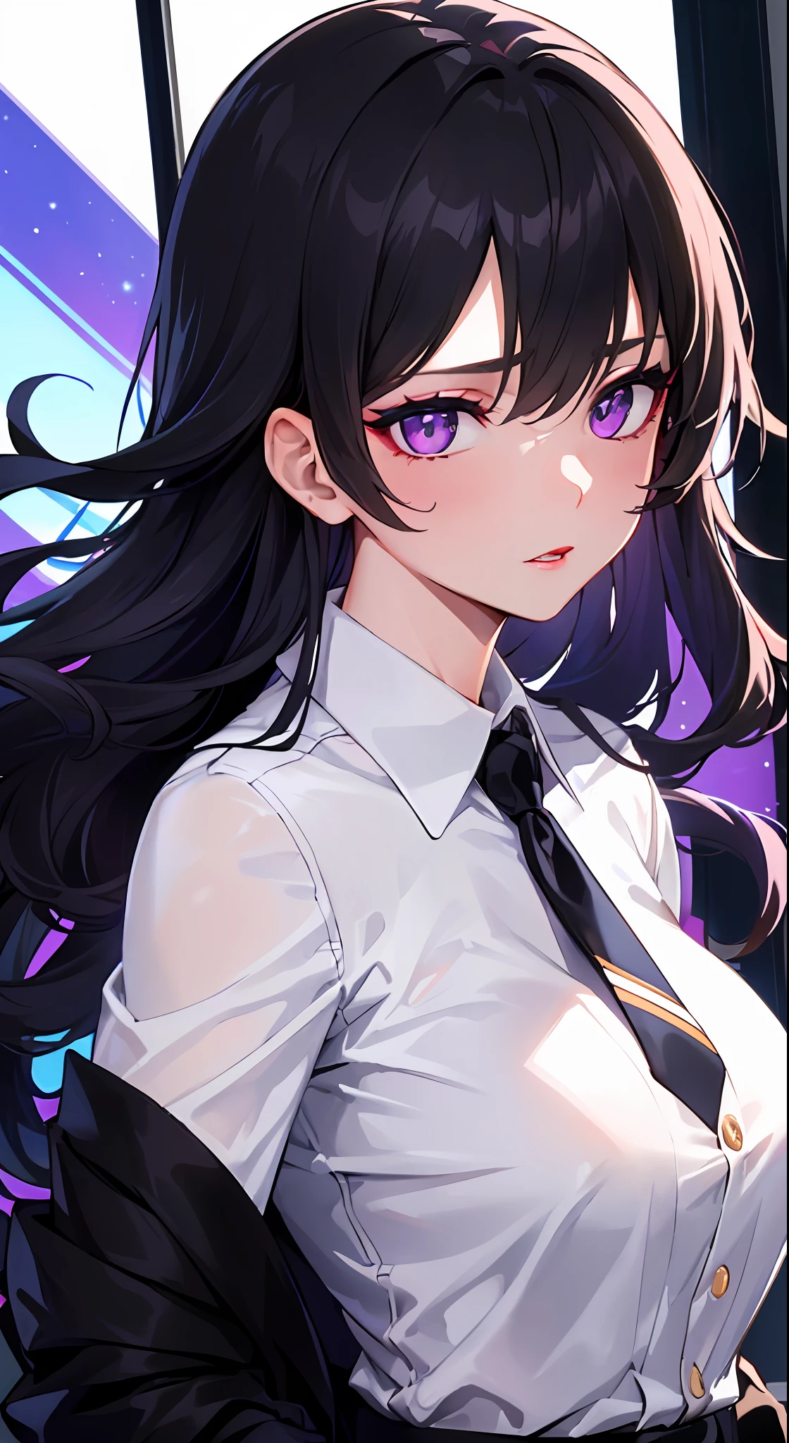 (masterpiece:1.2, best quality1:1, ultra-detailed:1.2, best shadow, 8k:1.1), (plain white background), (beautiful detailed face), high contrast, (perfect illumination:1.2, beautiful color, delicate color), ((cinematic light)), hyper detail, dramatic light, intricate details, (1 girl, solo, black hair, sharp face, messy long hair:1.2, wavy hair:1.1, purple eyes, glowing eyes, dynamic angle, office, formal, upper body:1.2), (eye focus:0.9), (beautiful eyes), (purple theme), (center focus:1.2), depth of field, dark purple particles, (purple aura), makeup, red lipstick, red eyeshadow, hyperdetail makeup, hyperdetail lipstick, hyperdetail eyeshadow, ((half body shot:1.3))