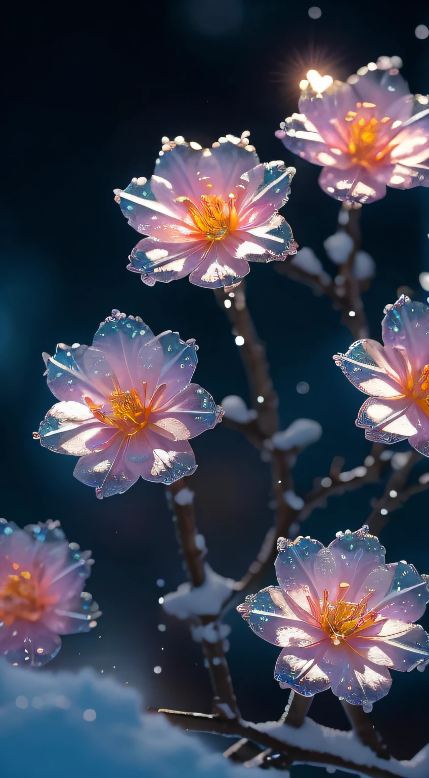 Crystal Spring blooms、
fanciful、Starskrim、cleanness、Yuki、Powder snow、Snow piles up、cold snowy、
glimmering、Shines、magnifica、extremely colorful、
magical photography, dramatic lighting, Foto realism, The ultra-detailliert, 4K, depth of fields, A high resolution