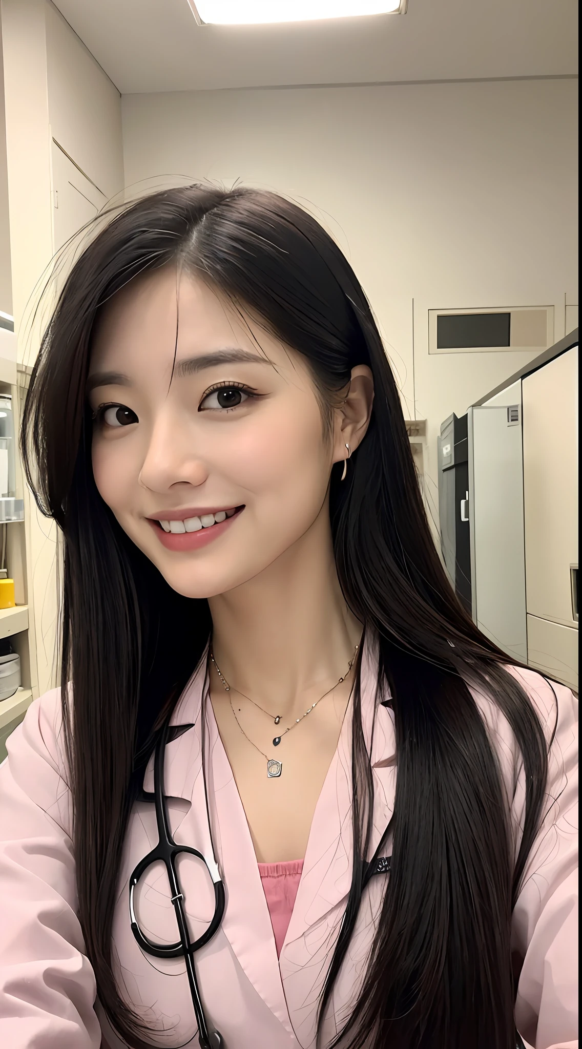 (realisitic、Photorealsitic:1.37)、(8K、Raw photography、top-quality、​masterpiece:1.2)、ultra-detailliert、Heart-shaped pupil、physically-based renderingt、超A high resolution、Kodak Vision Color、Captured with an Arricam LT camera、bokeh dof、foco nítido、looking at viewerer、Photorealsitic、realisitic、独奏、Photorealsitic、((1womanl))、((A Japanese Lady))、((A MILF))、((tsugumi ohba))、((45 yers old))、((slim figure))、((Female Ophthalmologist))、((beautifully detailed hair))、((Black hair Long hair))、((hyperdetailed face))、((Smiling kindly))、((Detailed lab coat))、((Beautiful and detailed scruff))、((Detailed necklace))、
