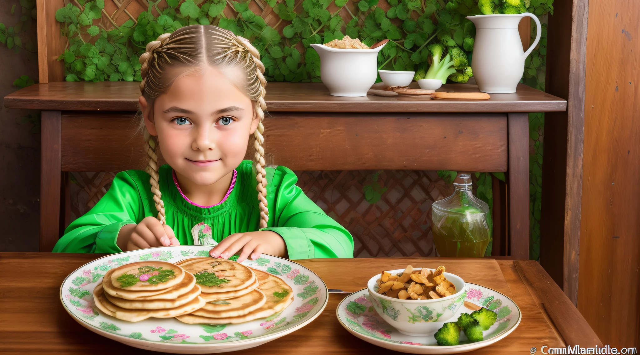 girl CHILD , Russian blonde in braids, There are four pieces of pancaque on a plate with a bowl of broccoli, Pancaque Zone, Mini, Como, Estilo Calude Monet, receita, #Micro, # Micro, misturar, alternate angle, Miami, medium tone, Hunting