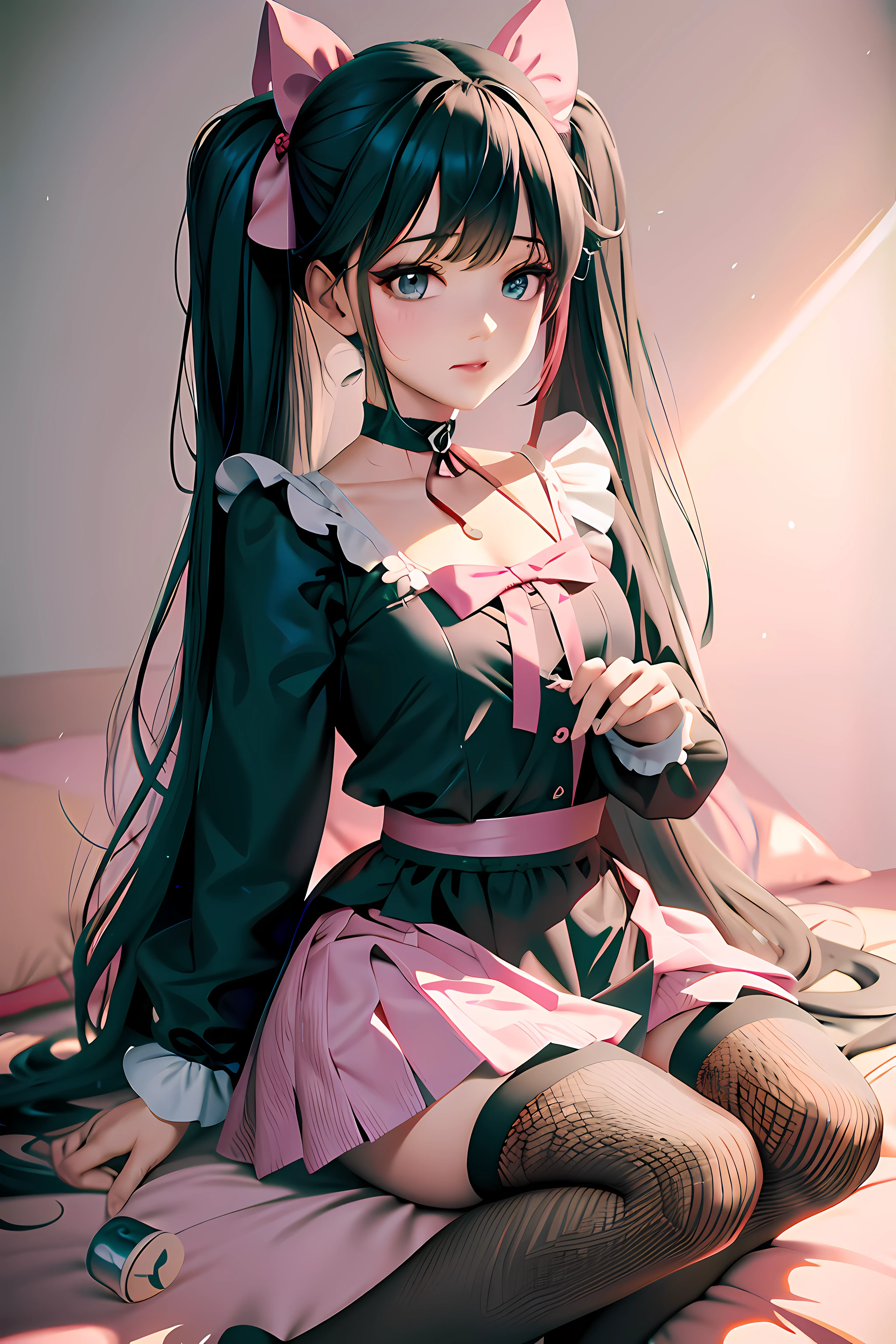 On the bed sat a woman dressed in black and pink, anime girl in a maid costume, Guviz-style artwork, cute anime waifu in a nice dress, Anime girl cosplay, Anime girl with long hair, photorealistic anime girl rendering, up of young anime girl, Realistic anime 3 D style, Cute anime girl, Beautiful anime girl