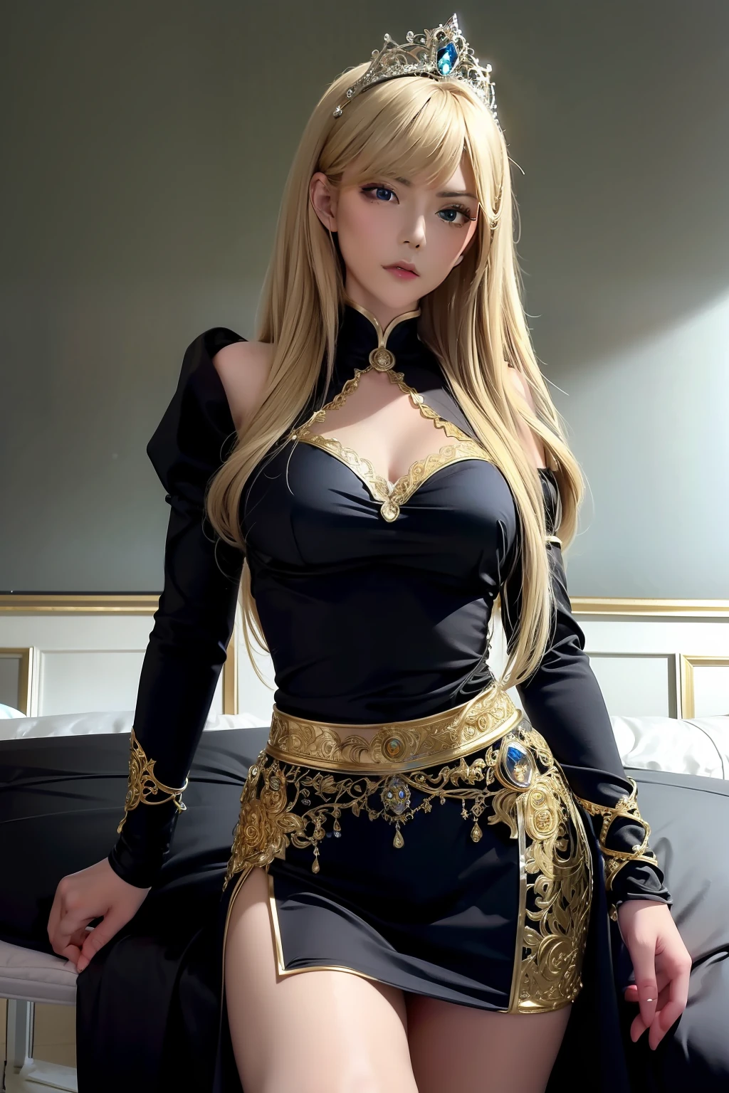 Ultra detailed, Masterpiece, Best quality, Photorealistic,Mighty and domineering,tiara crown,Royal Sister,Superskirt,blacksilk,goth style,Dark theme,blonde with blue eyes,Aladdin heroine